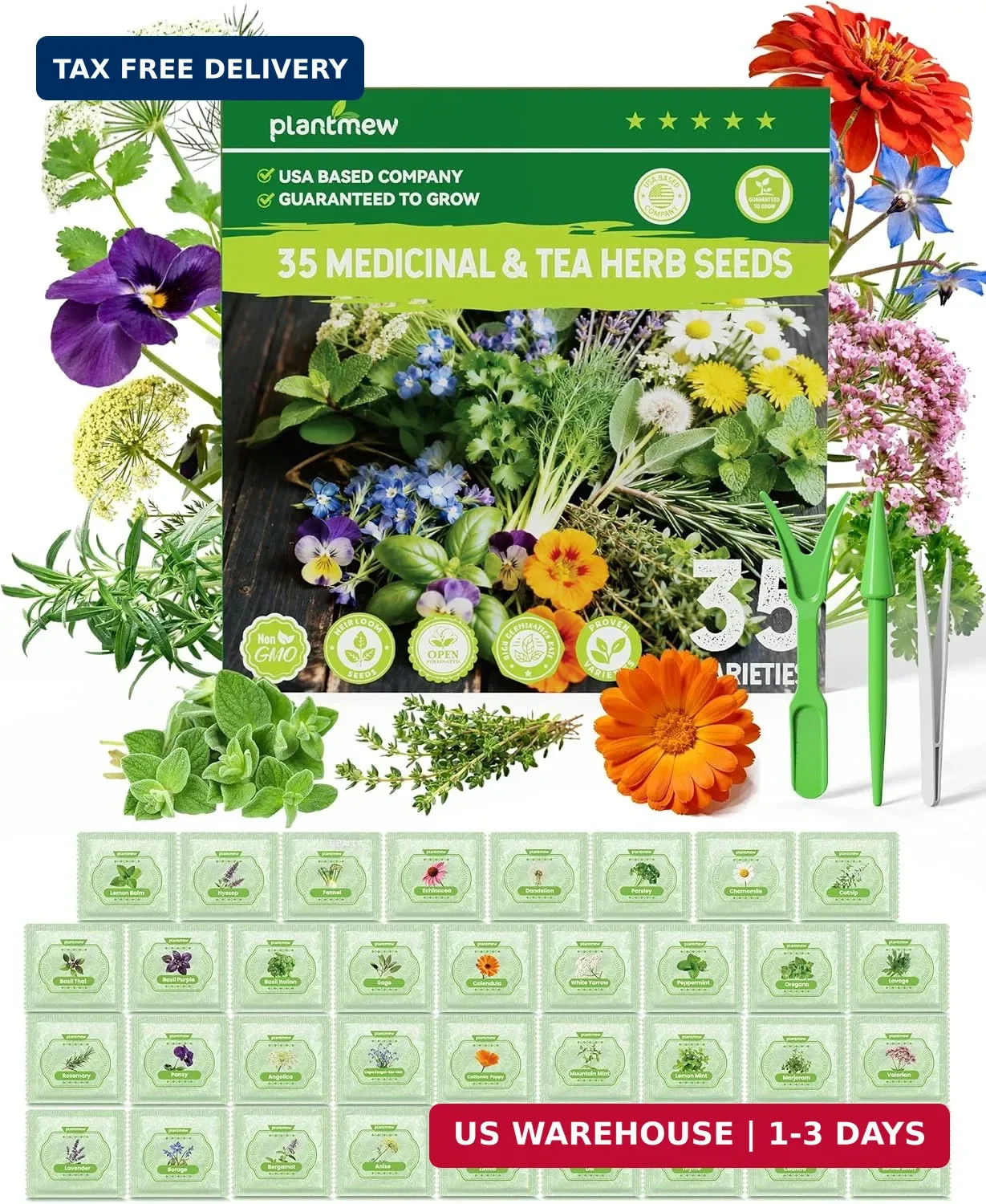 Medicinal & Tea Herb Seeds for Planting – 35 Non-GMO Variety Pack for Indoor/Out