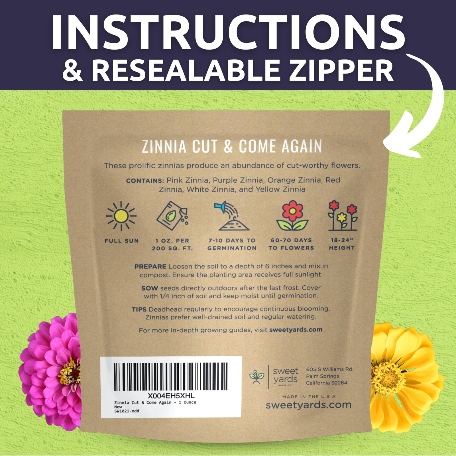 Zinnia Cut & Come Again Mix – Large 1 Ounce Packet – 4,000 Flower Seeds for P…