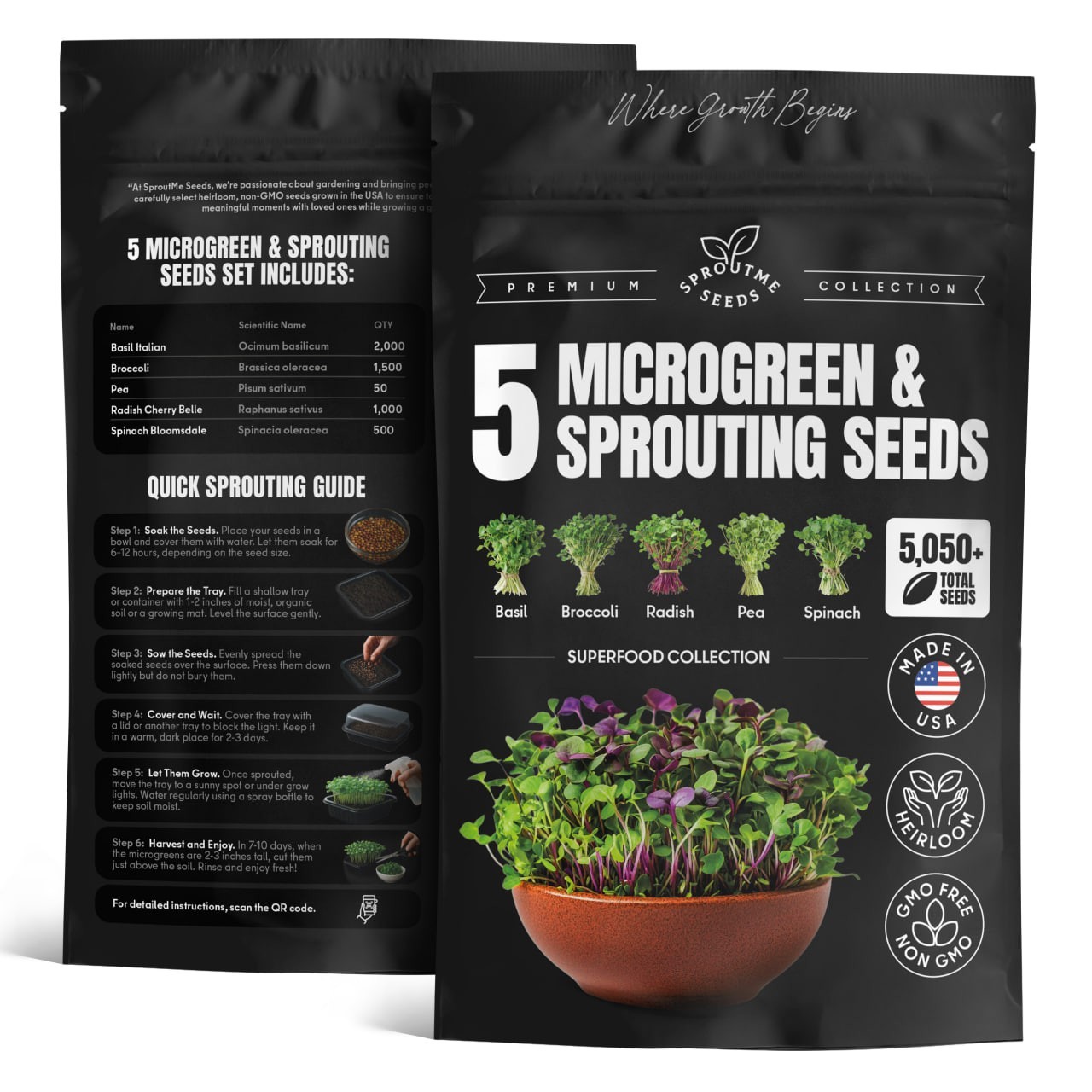 Microgreens Sprouting Seeds Mix, 5 Varieties, Non-GMO Heirloom, 5050+ Seeds