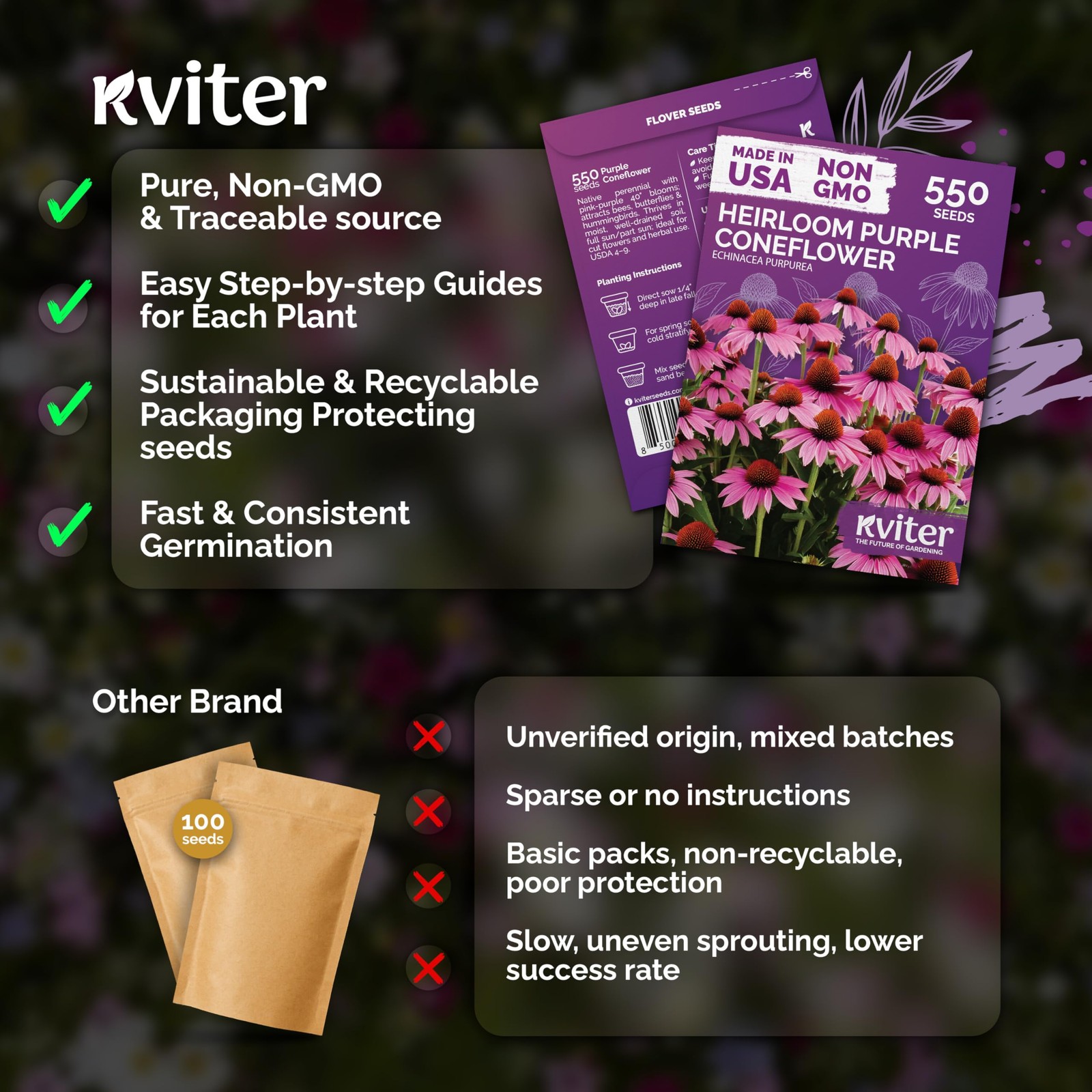 KVITER 550 Purple Coneflower Seeds (Echinacea Purpurea)
