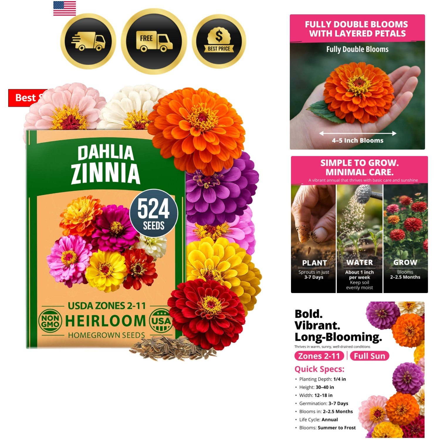 Zinnia Dahlia Seeds Pack for 2026 Non GMO 524 Flower Seeds | Vibrant Zinnia E…