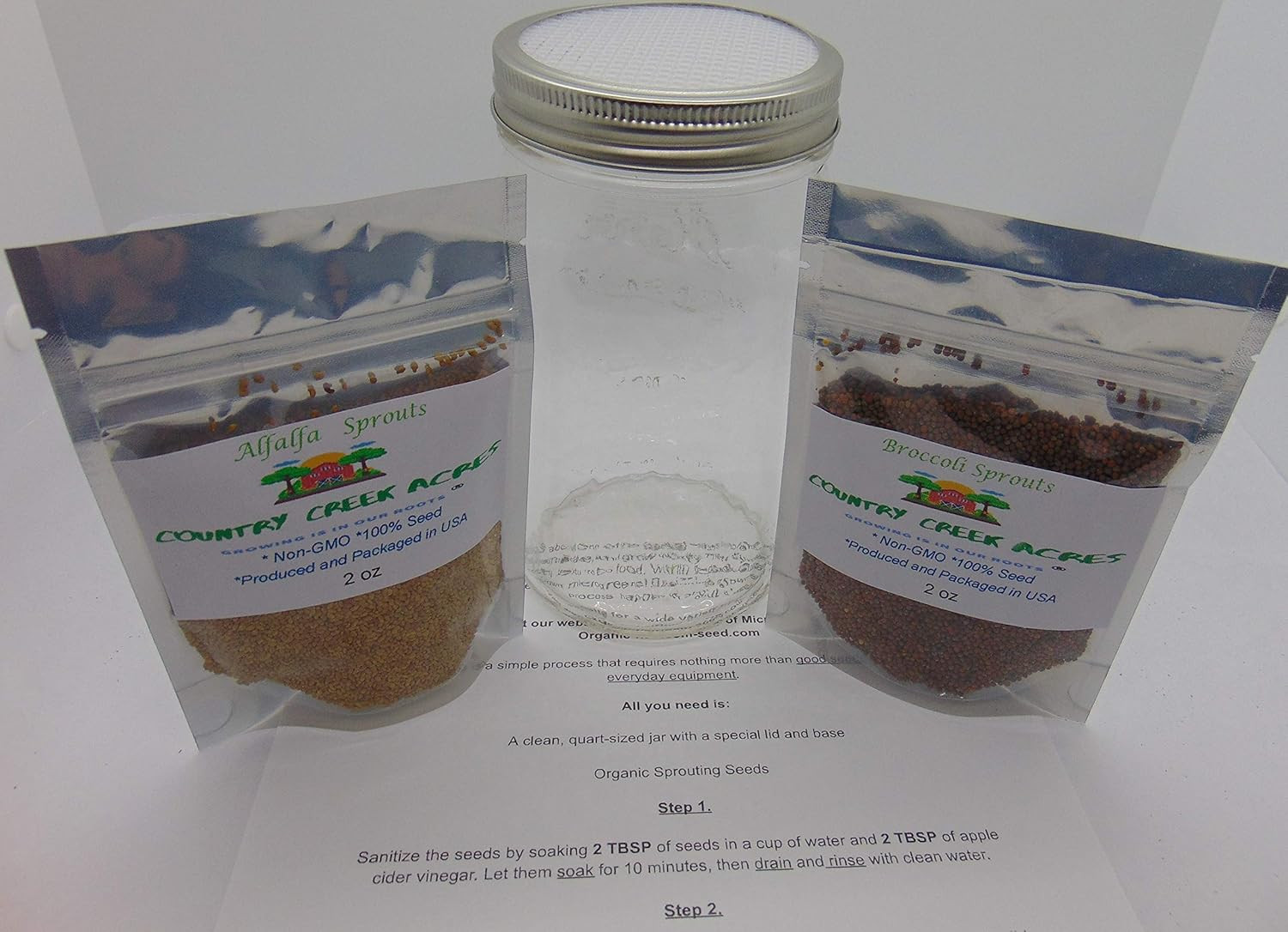 Sprouting Kit with 2 Sprout Screens, Alfalfa Seeds, Broccoli Seeds w/ Directions
