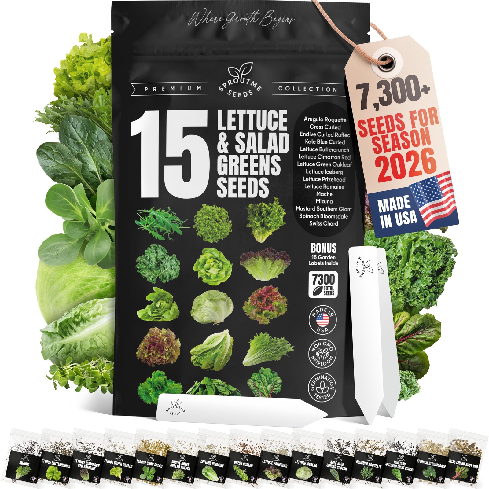 Diverse Salad Greens Seed Pack – Spinach, Kale, Arugula, Romaine, 7300+ NonGMO