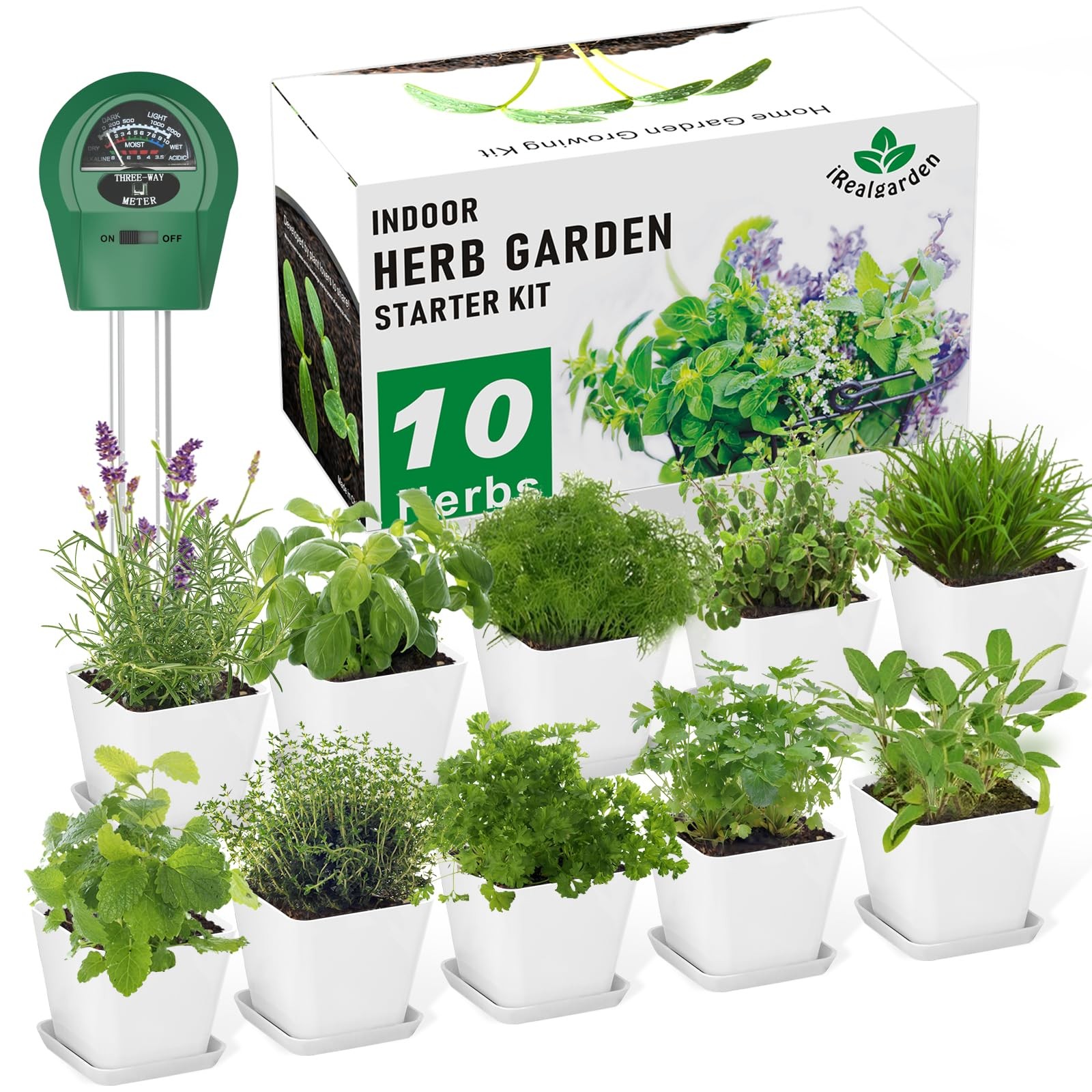 Indoor Herb Garden Kit – 10 Non-GMO Herb Seeds with Soil, Pots & Moisture Met…
