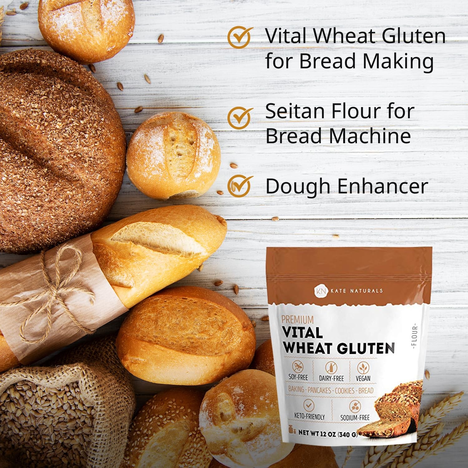 Kate Naturals Vital Wheat Gluten for Bread Making, 12 Ounce (Pack of 1)