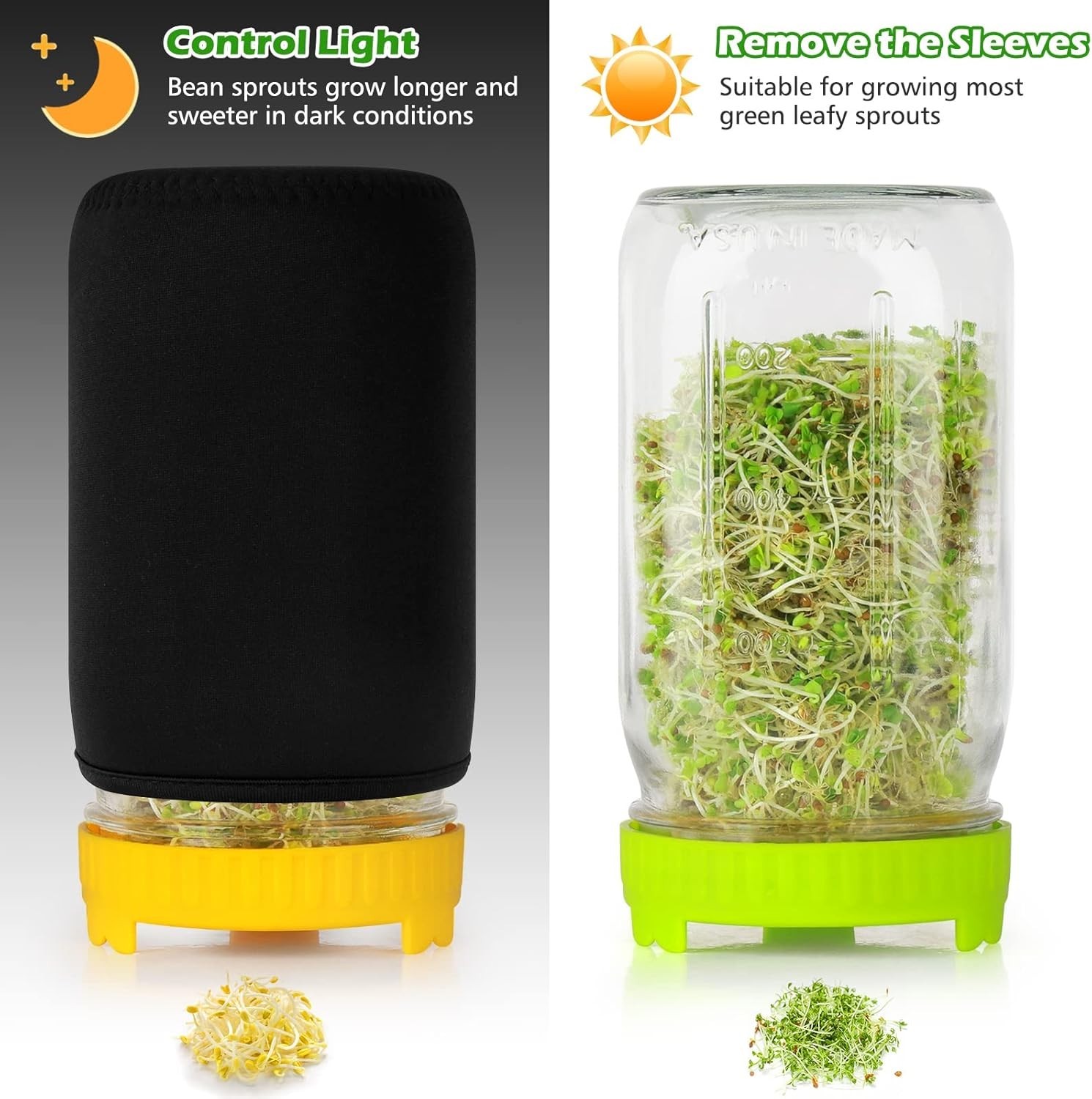 User-Friendly Sprouting Kit: 2 Wide Mouth Jars, Drainage Tray & Blackout Sleeves