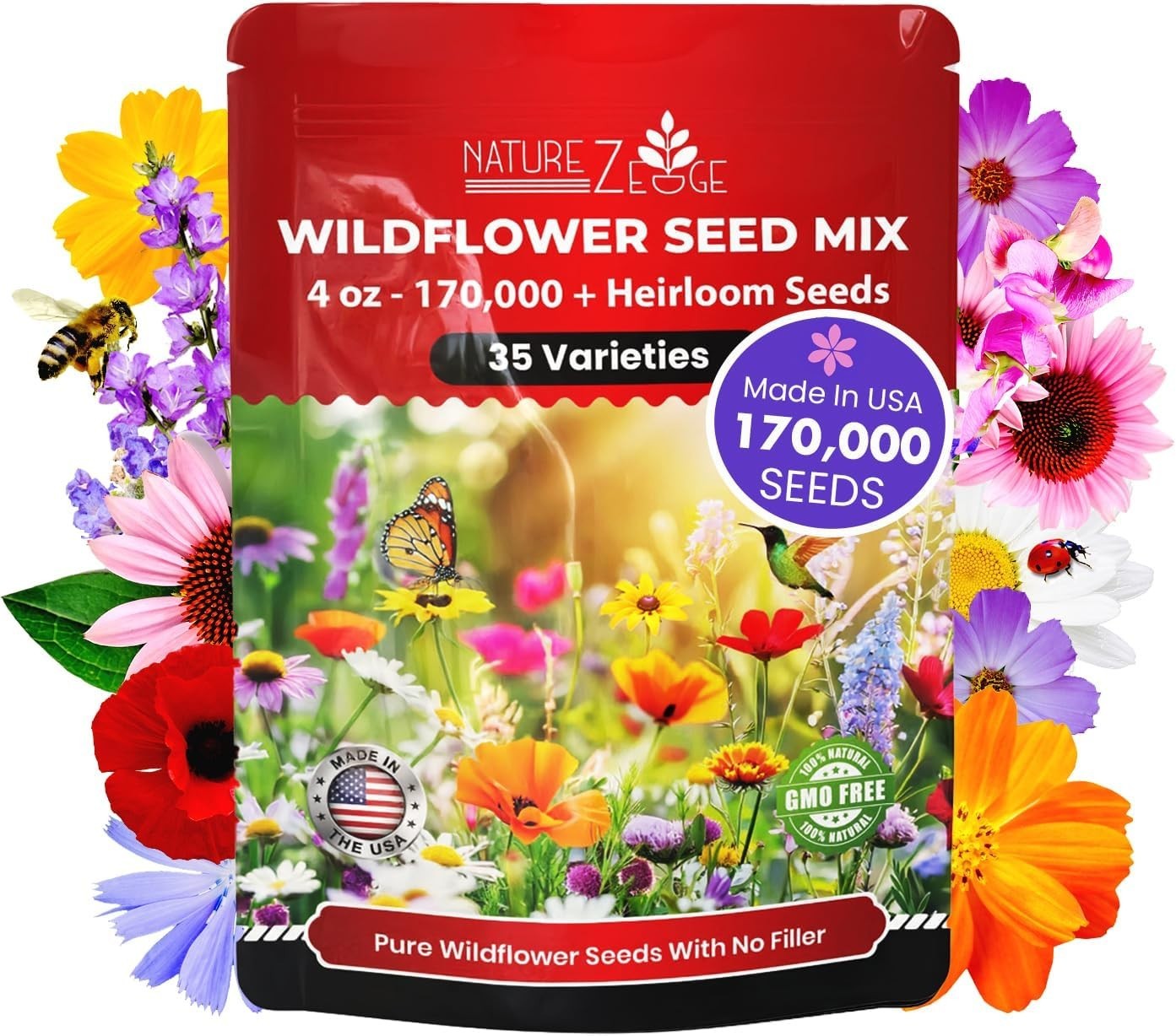 Attract Pollinators with 170,000 Wildflower Seeds – 1/4 lb Rainbow of Blooms