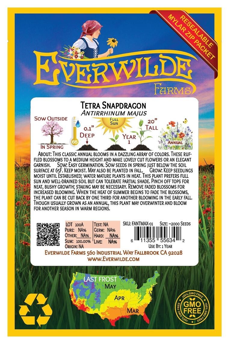 2000 Tetra Mixed Snapdragon Wildflower Seeds – Everwilde Farms Mylar Seed Packet