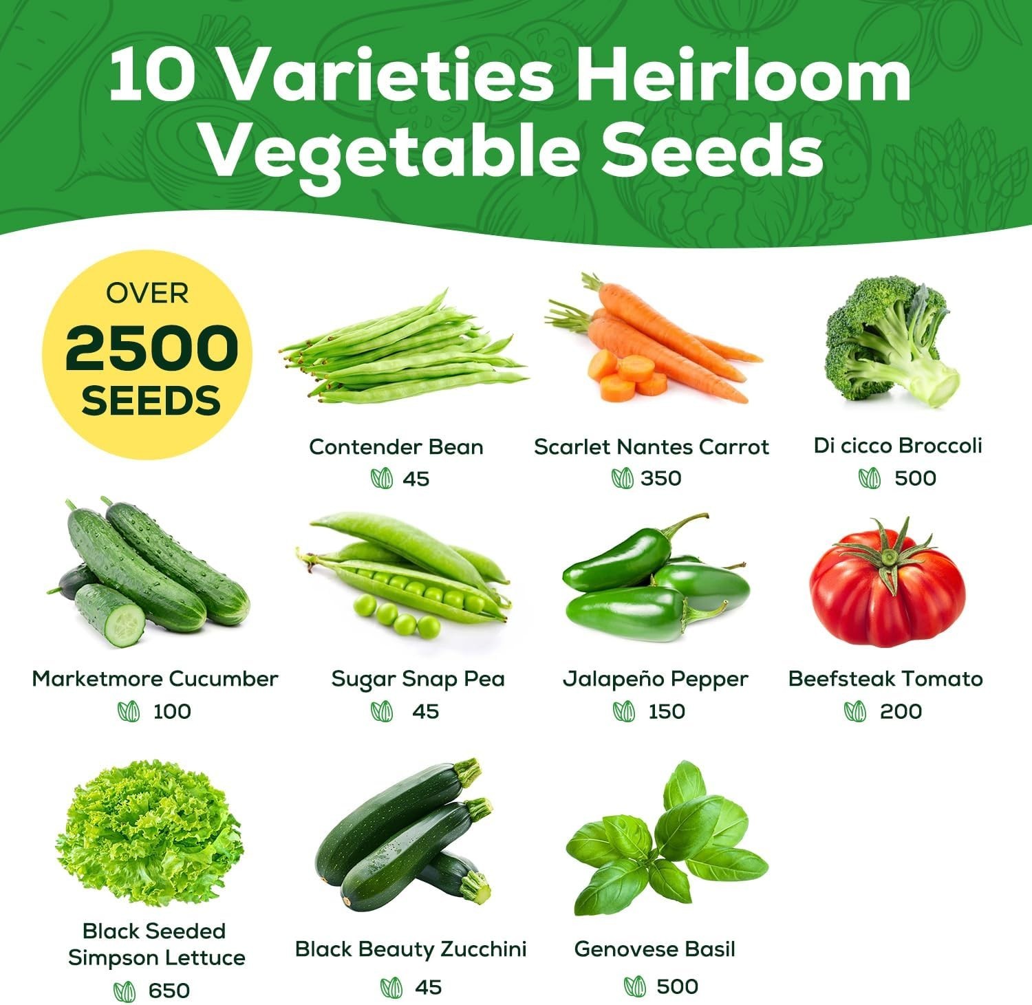 10 Vegetable Seeds Pack – Non GMO, Heirloom – Basil, Snap Pea, Broccoli, Bean…