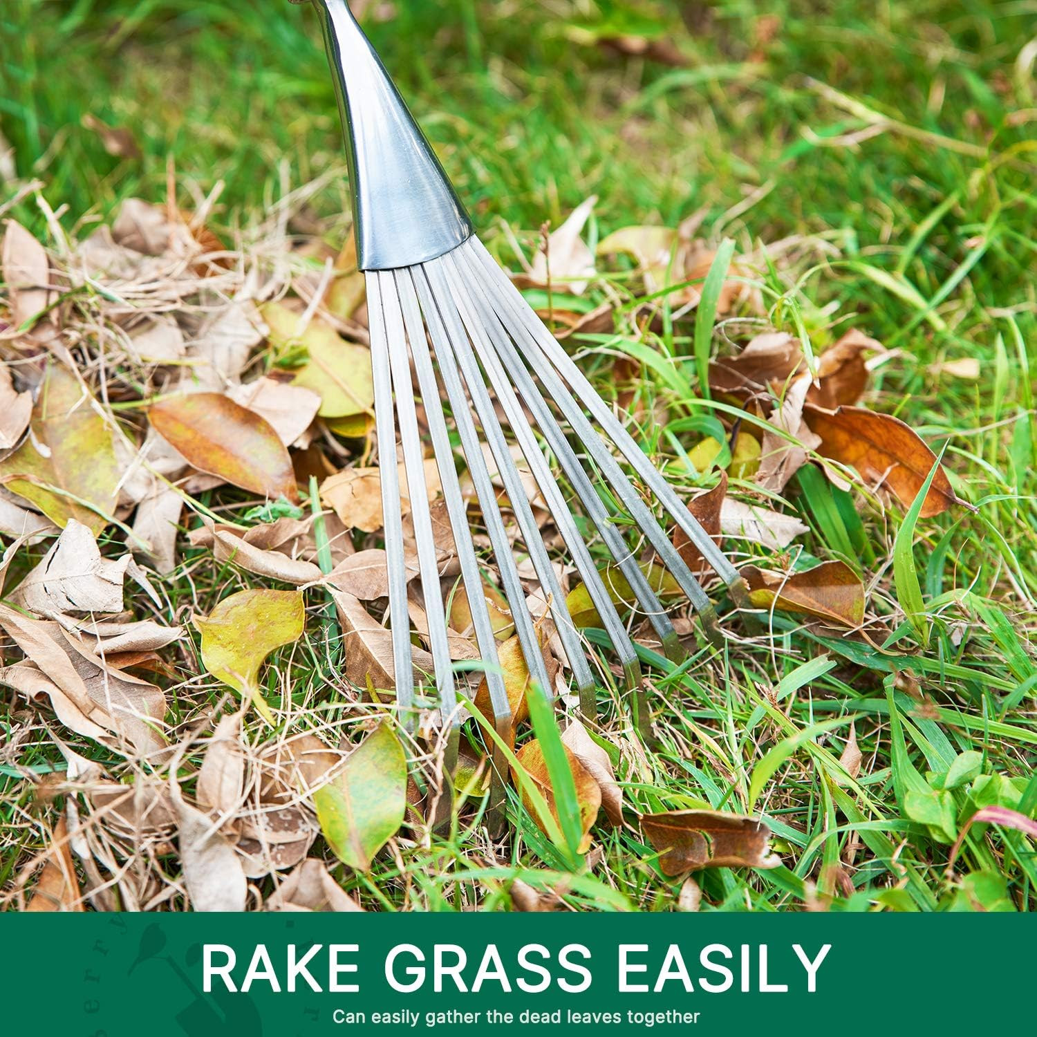 Gardening Hand Shrub Rake, 14.7″ Stainless Steel Grass Rake, 9 Tines Fan Lawn Le