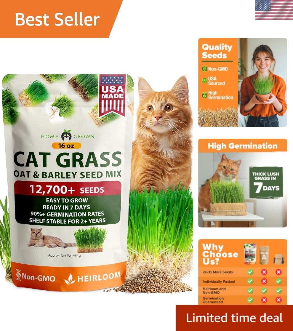 Non GMO 1 Pound Cat Grass 12,700+ Seeds for Cat & Kittens Oat & Barley Mix 10…