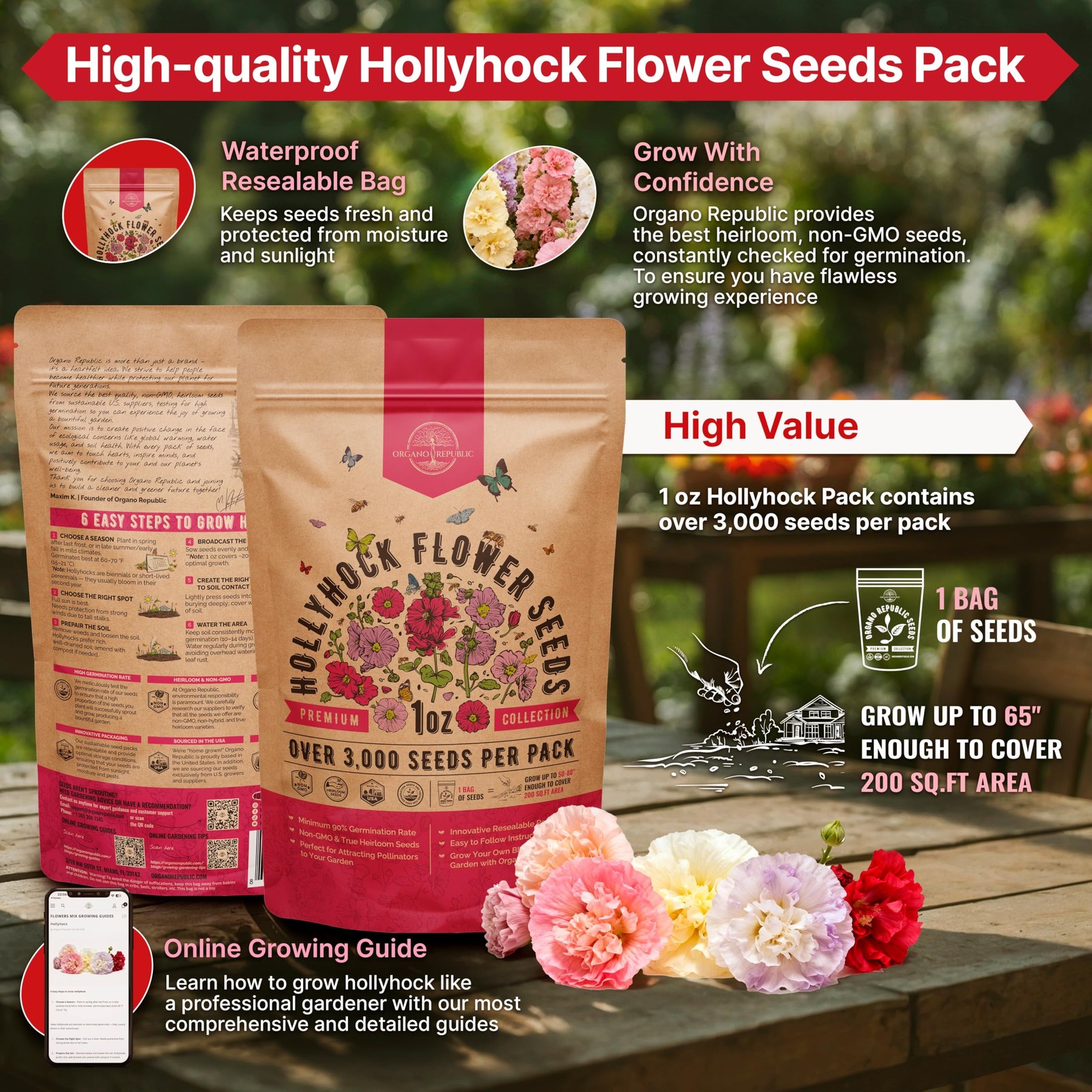 Hollyhock Flower Seeds Pack 1 oz – Over 3,000 1oz, Pink, Orange, Red, Green
