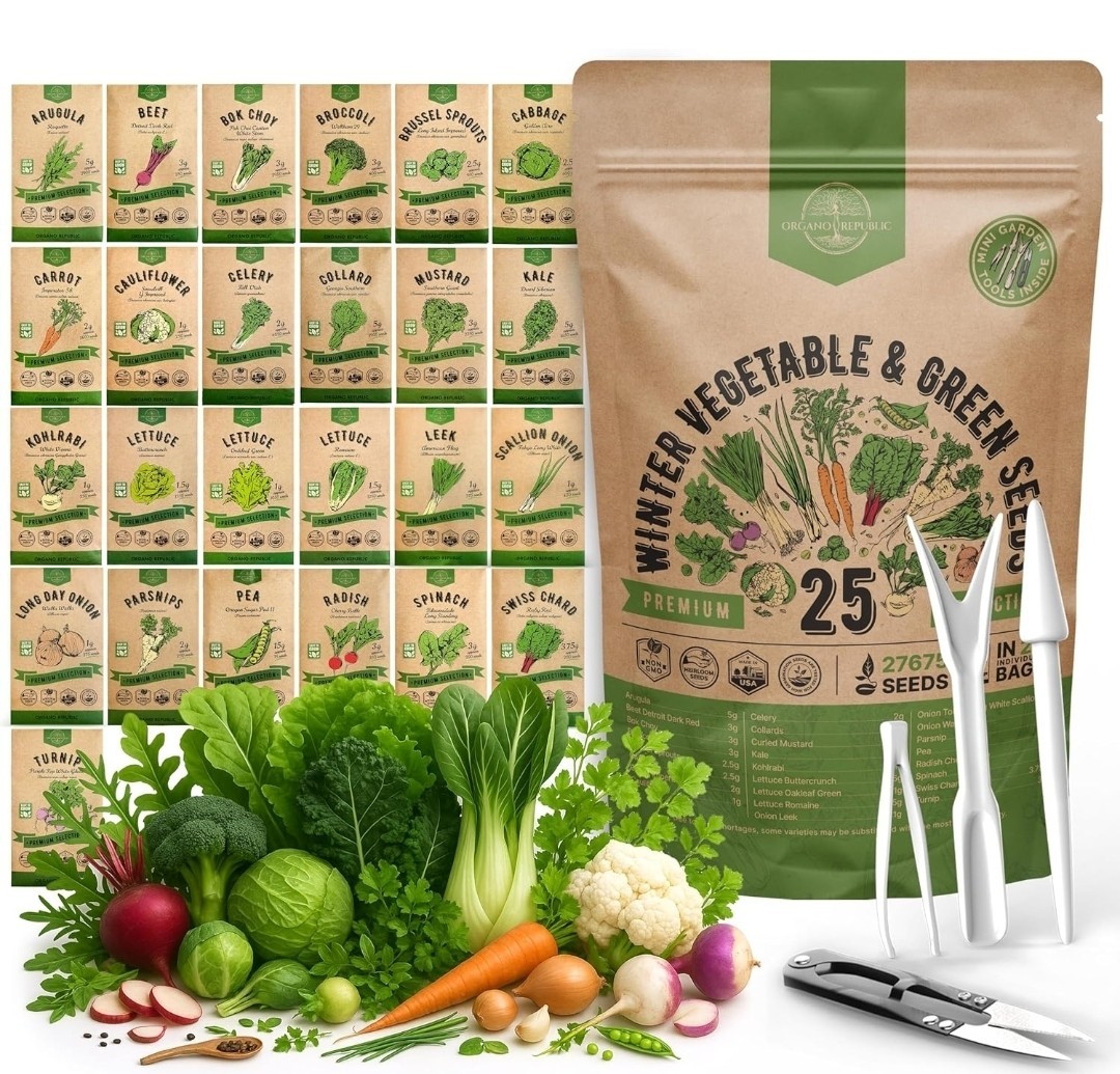 Organo Republic 25 Winter Vegetable & Green Seeds Variety Pack for Outdoors &…
