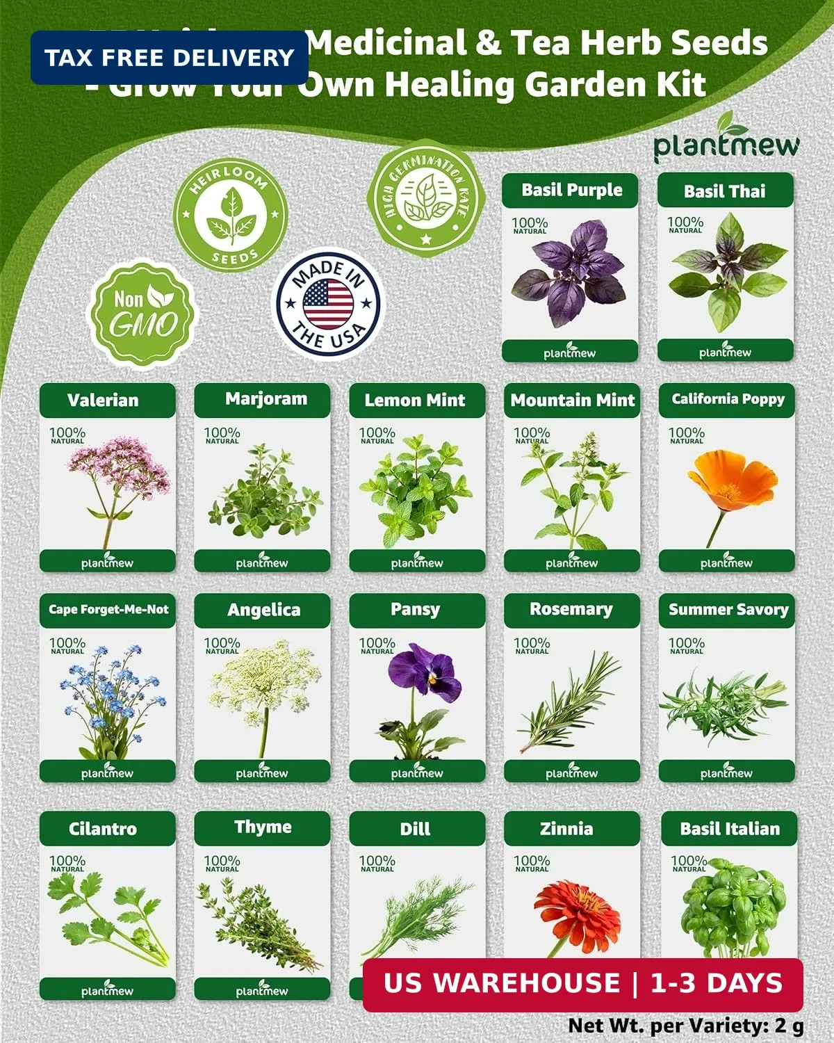 Medicinal & Tea Herb Seeds for Planting – 35 Non-GMO Variety Pack for Indoor/Out