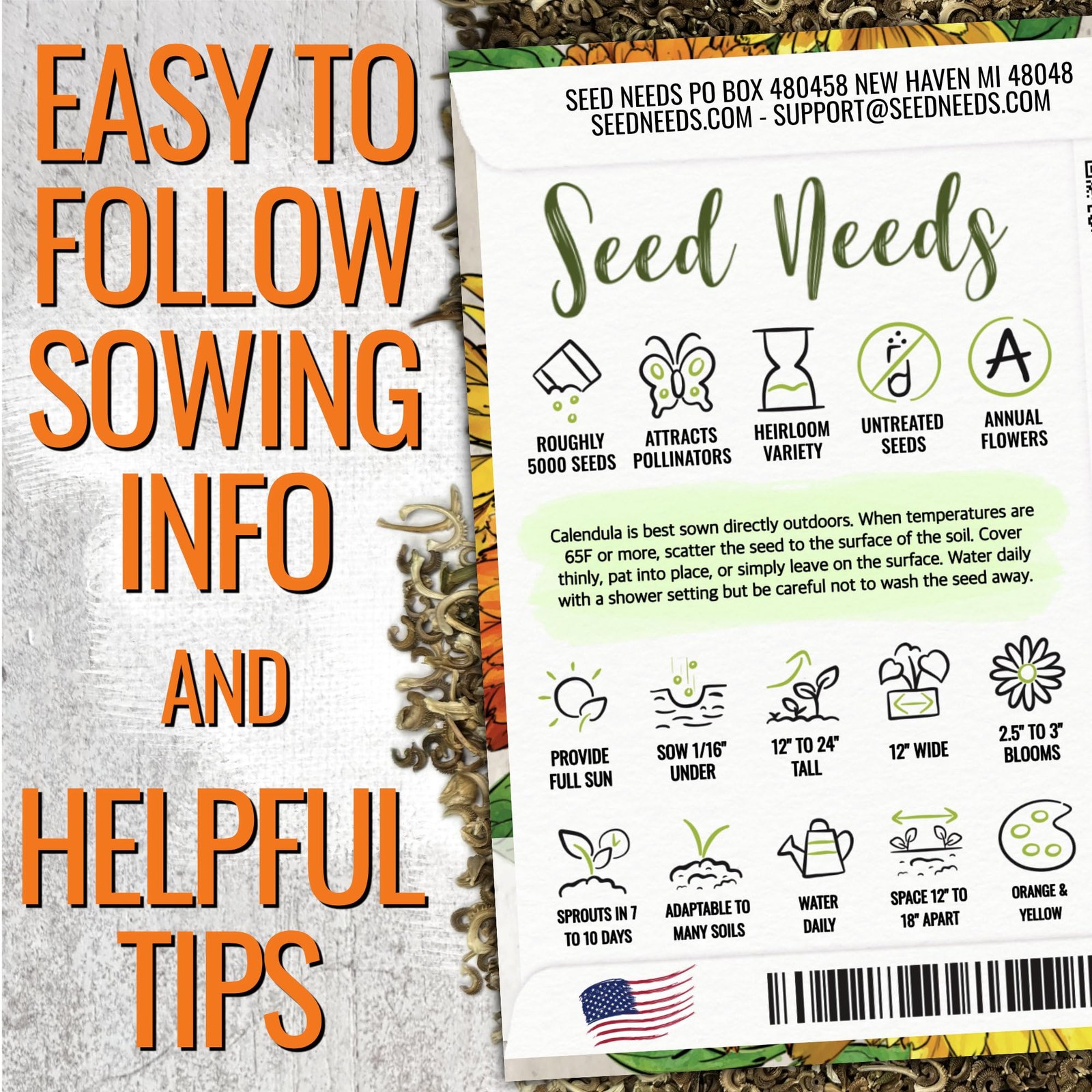Seed Needs Calendula Seeds Pacific Beauty Mix | 5,000+ Mixed