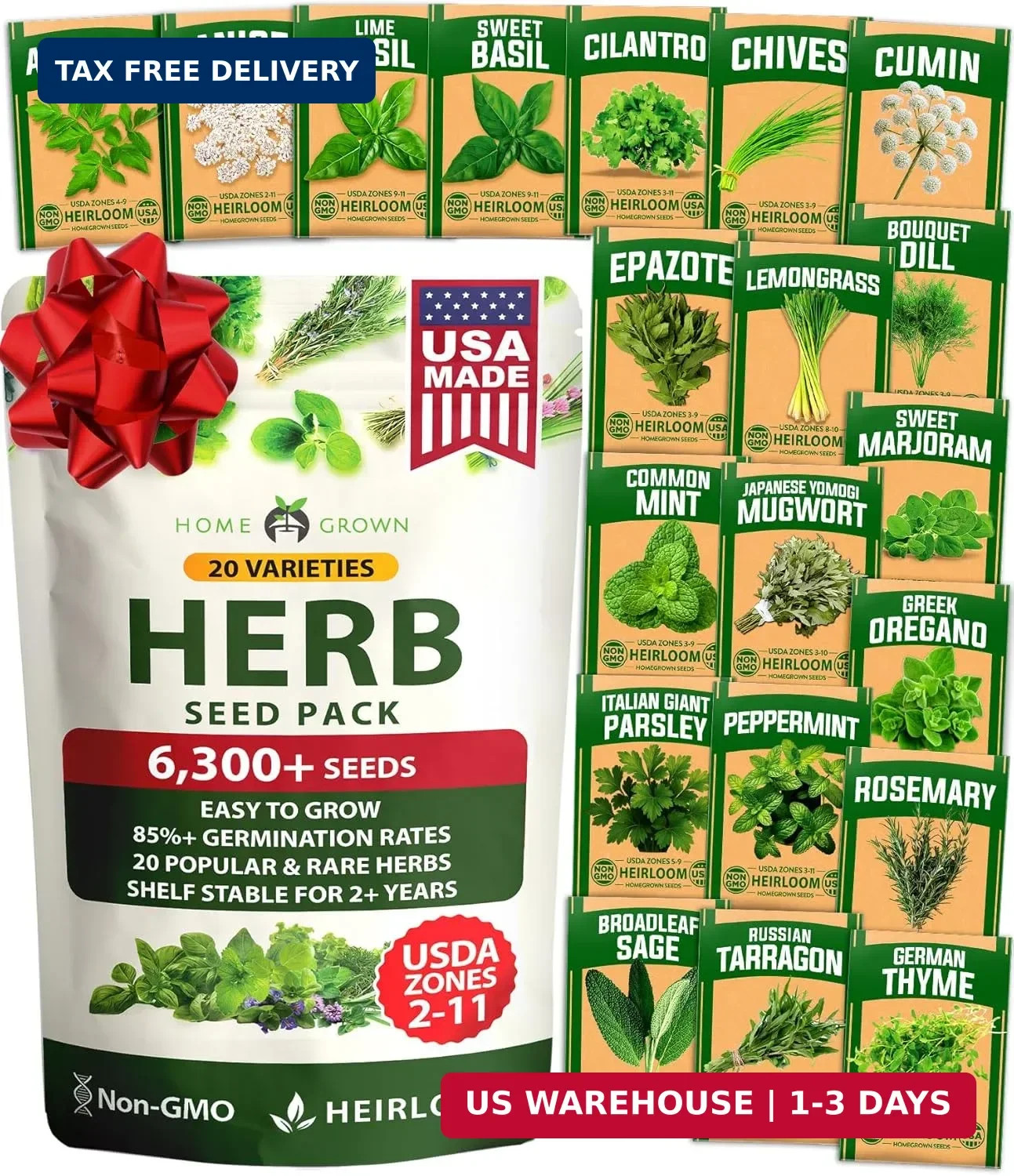 HOME GROWN Premium Herb Seeds Variety Pack – 20 Heirloom Herb Seeds for Planting