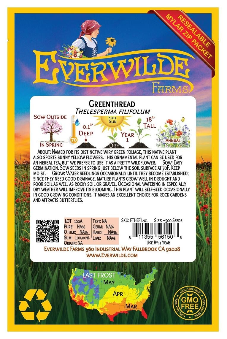 500 Greenthread Wildflower Seeds – Everwilde Farms Mylar Seed Packet
