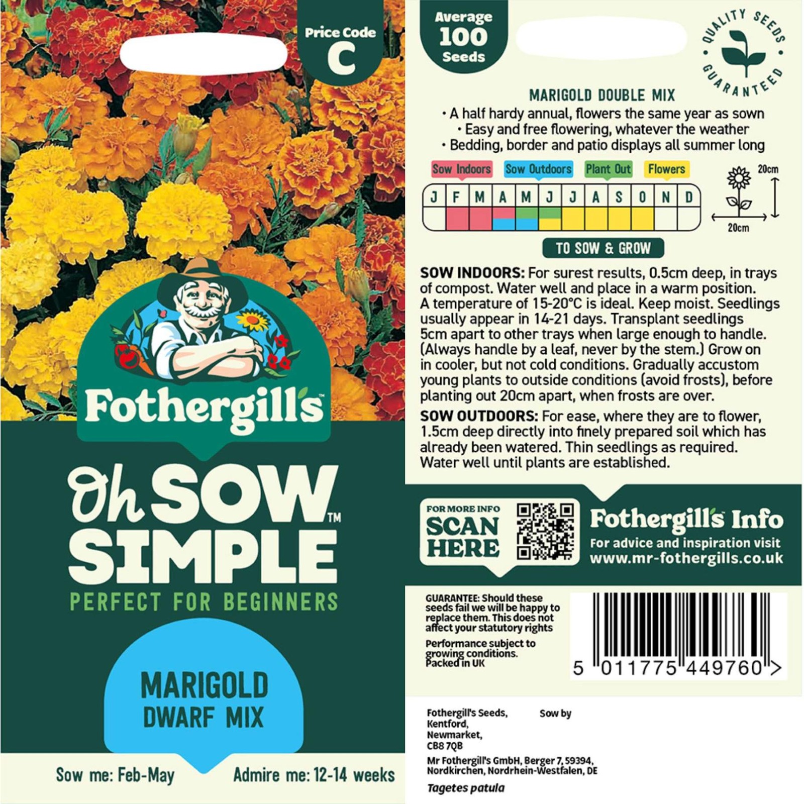 Mr. Fothergill’s Marigold Dwarf Mix Seed Oh Sow Simple, Easy to Grow