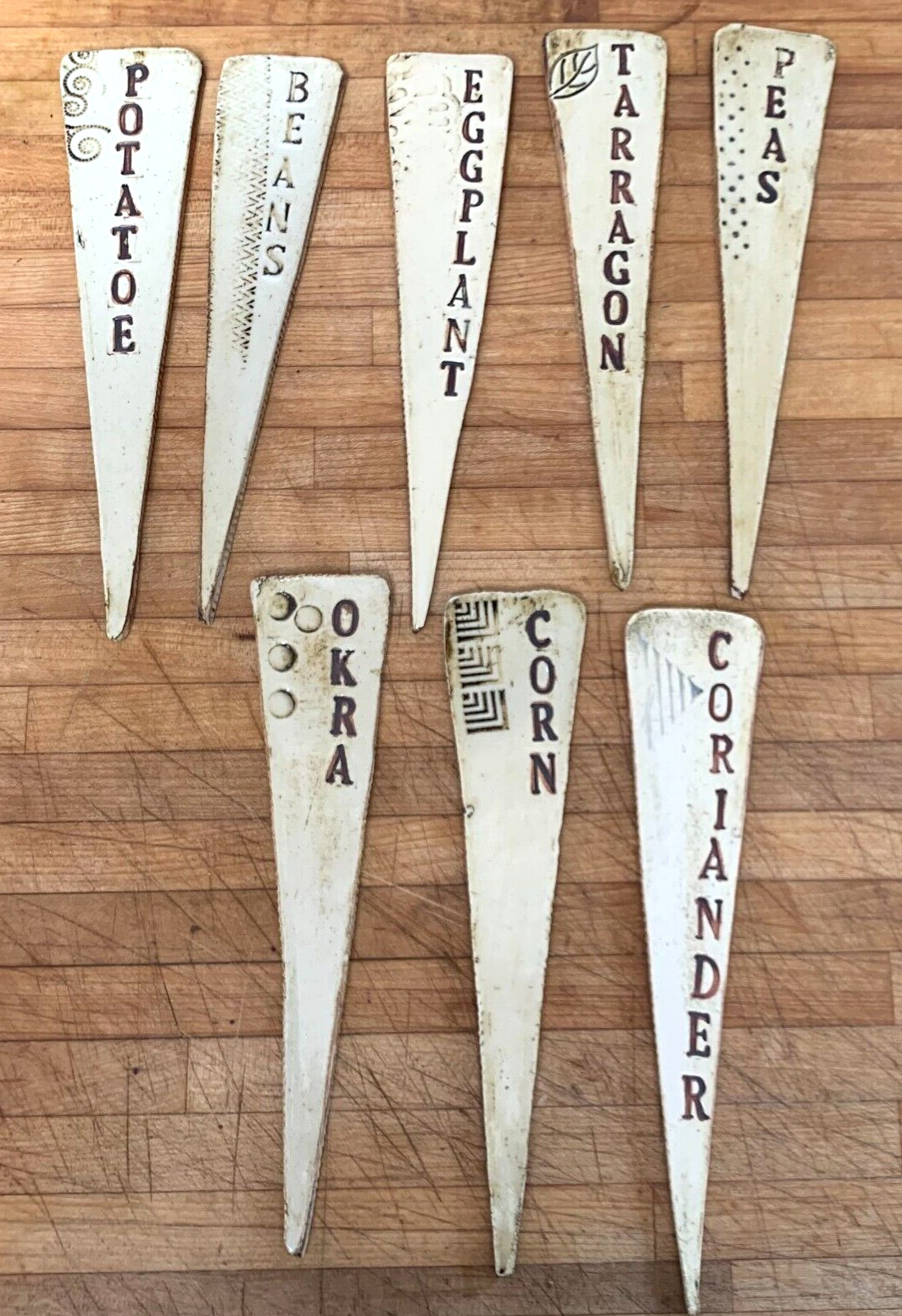 Vegetable Pottery Stakes Okra Potato Bean Pea Corn Tarragon Eggplant Coriander