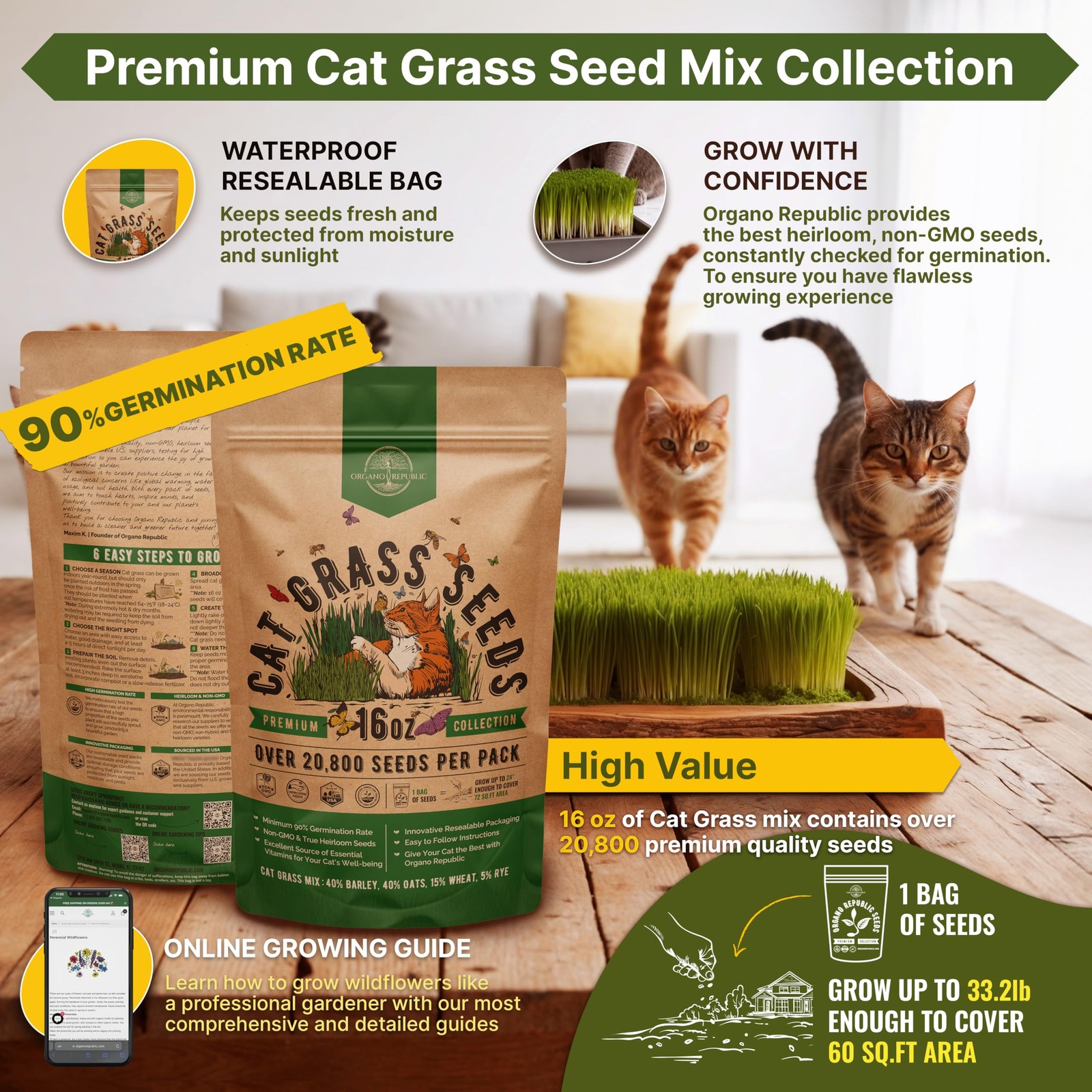 Cat Grass Seeds Mix – 20,800 Non-GMO Heirloom Seeds for Cats & Pets, 16 oz Pa…