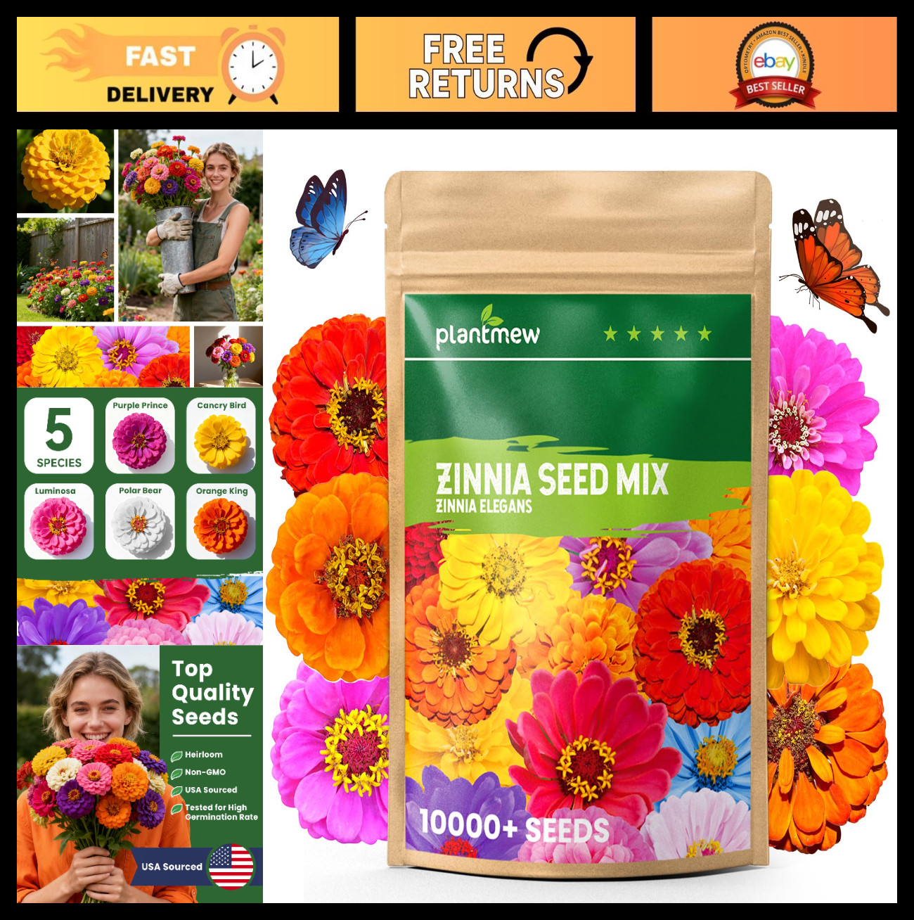 10,000+ Zinnia Dahlia Flower Seeds – 5 Varieties, Mixed Colors, Large Blooms, Bu
