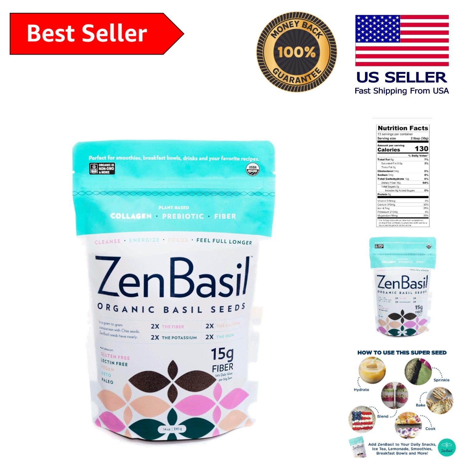 Kosher Non-GMO Organic Basil Seeds – 14oz Prebiotic Bonus for Keto & Diets