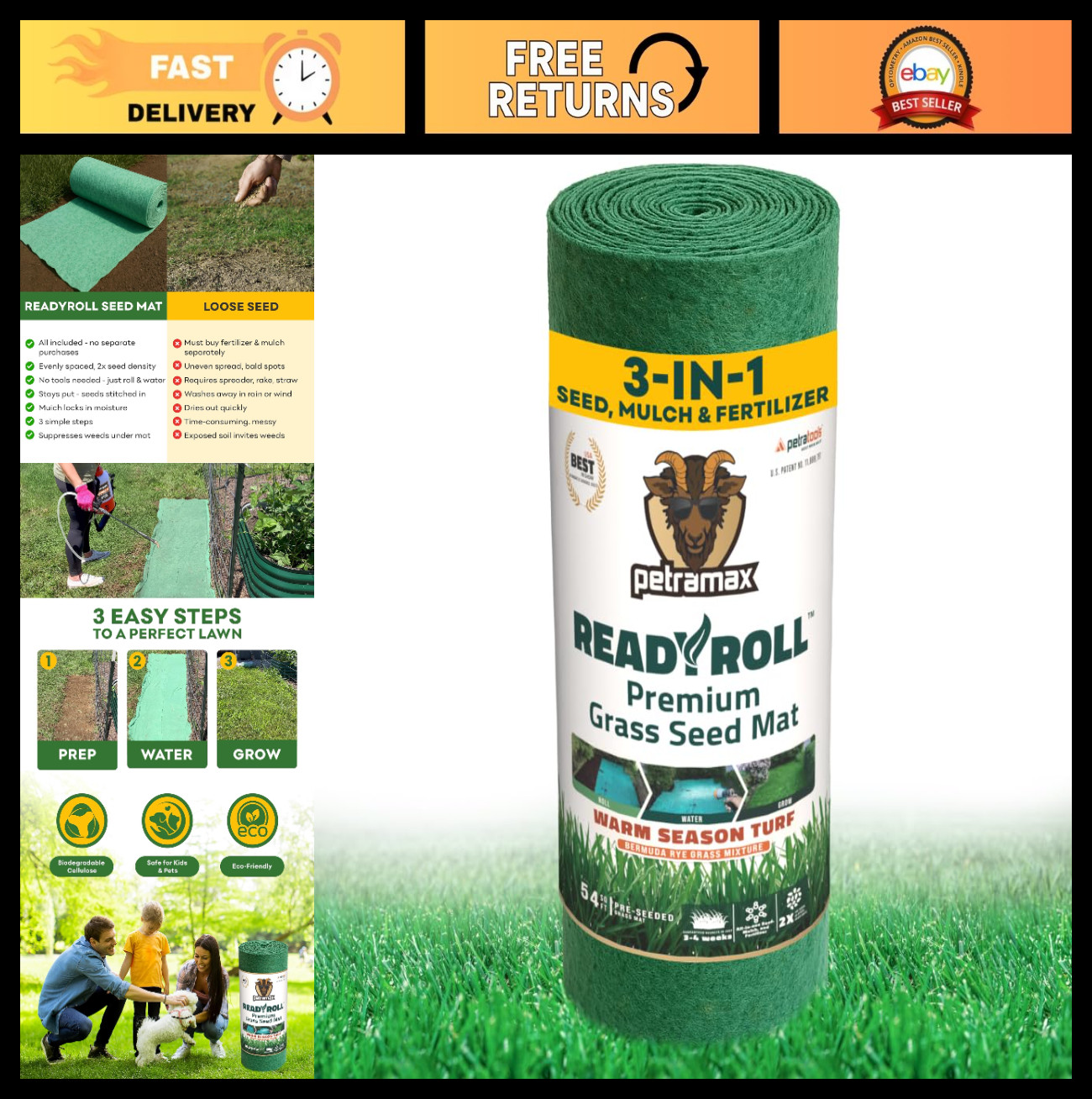 Biodegradable Bermuda Grass Seed Mat 54 Sq Ft – 3-in-1 Lawn Repair Rolls, Heat T
