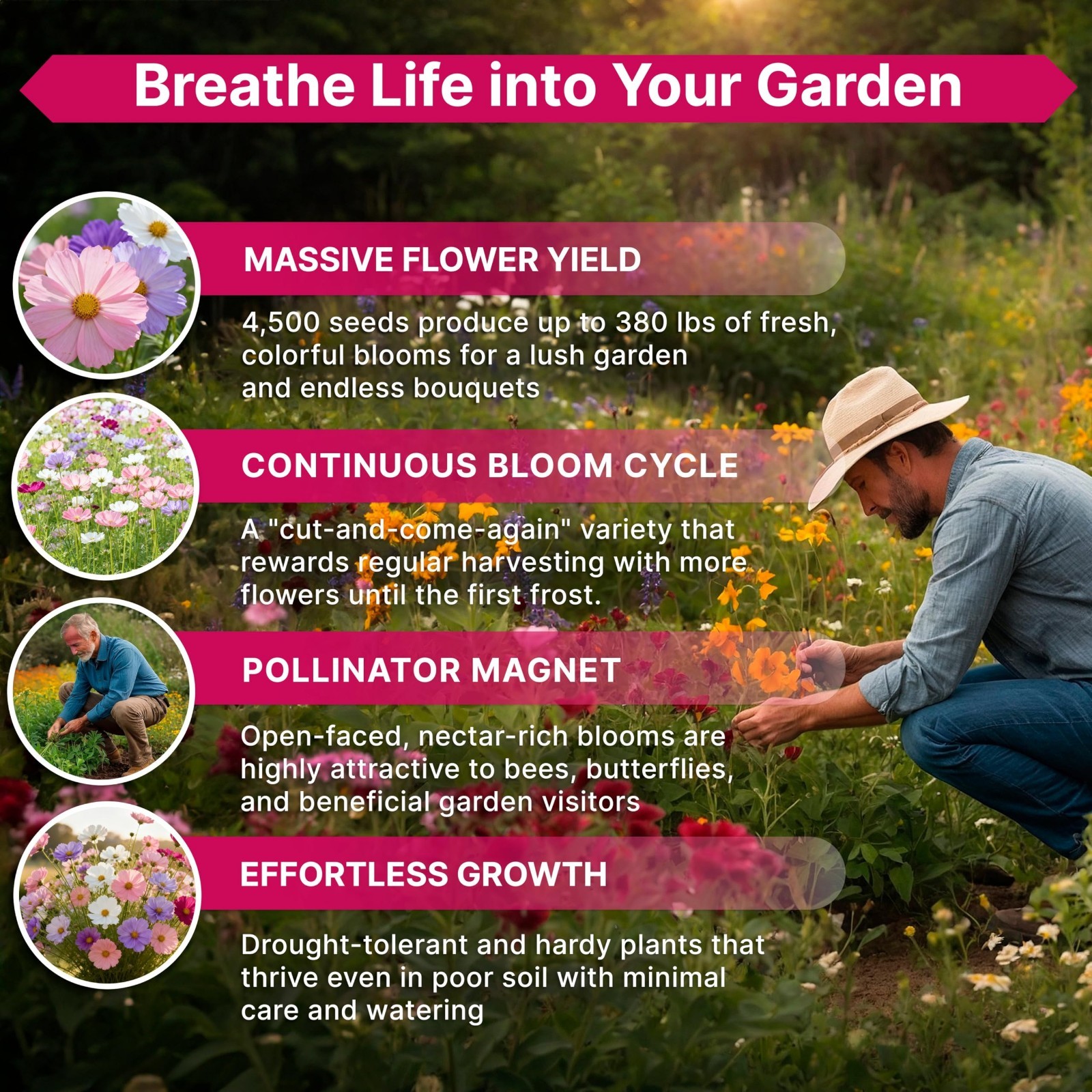 Non-GMO Cosmos Flower Seeds Pack 1 oz – 4,500 Heirloom Seeds for Indoor & Outdoo