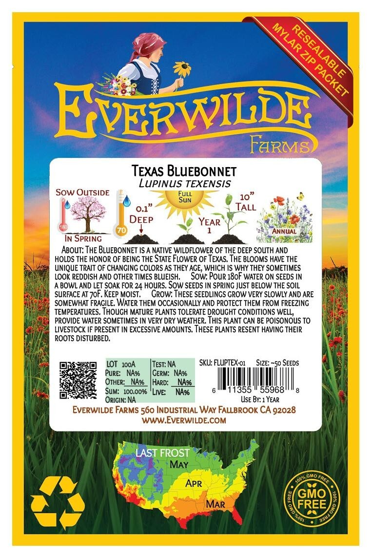 50 Texas Bluebonnet Wildflower Seeds – Everwilde Farms Mylar Seed Packet