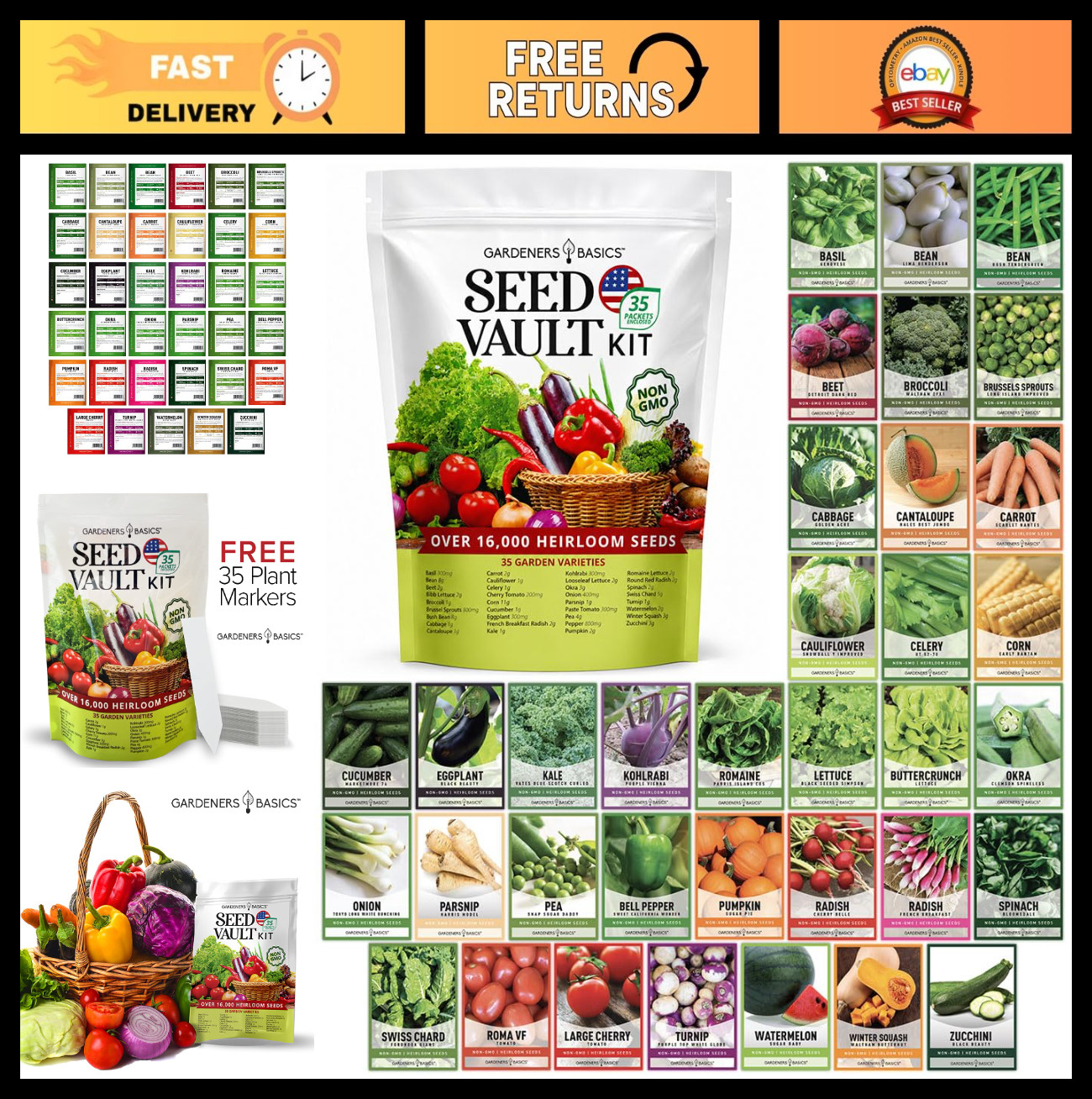 Survival Seed Vault Kit – 35 Heirloom Vegetable Seeds, Non-GMO, Open-Pollinated,