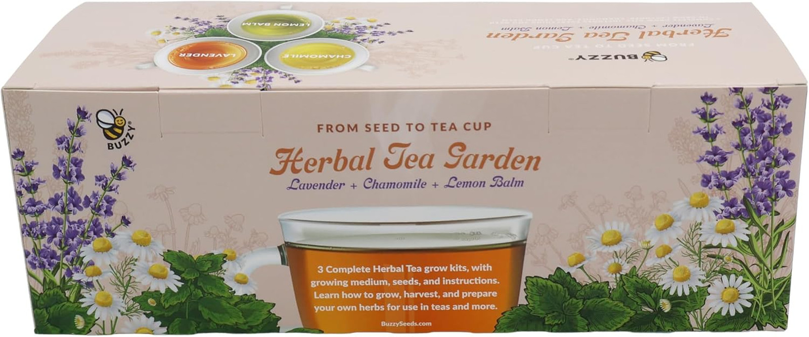 Seeds Herbal Tea Garden Grow Kit – 3 Square Tin Planters with Lavender, Chamomil