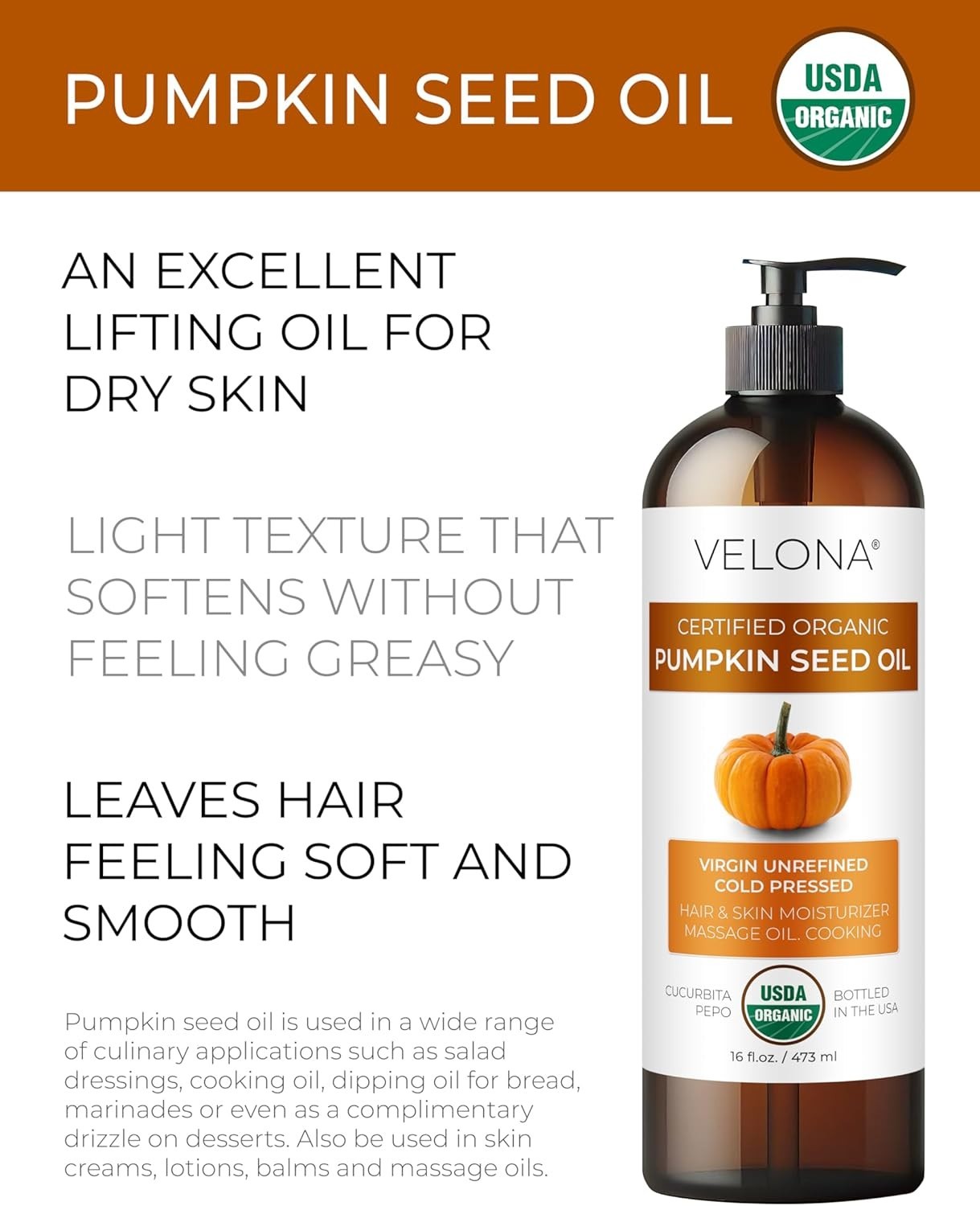 16 Fl Oz Organic Pumpkin Seed Oil – Nourishing Carrier Oil for Hair & Skin Care