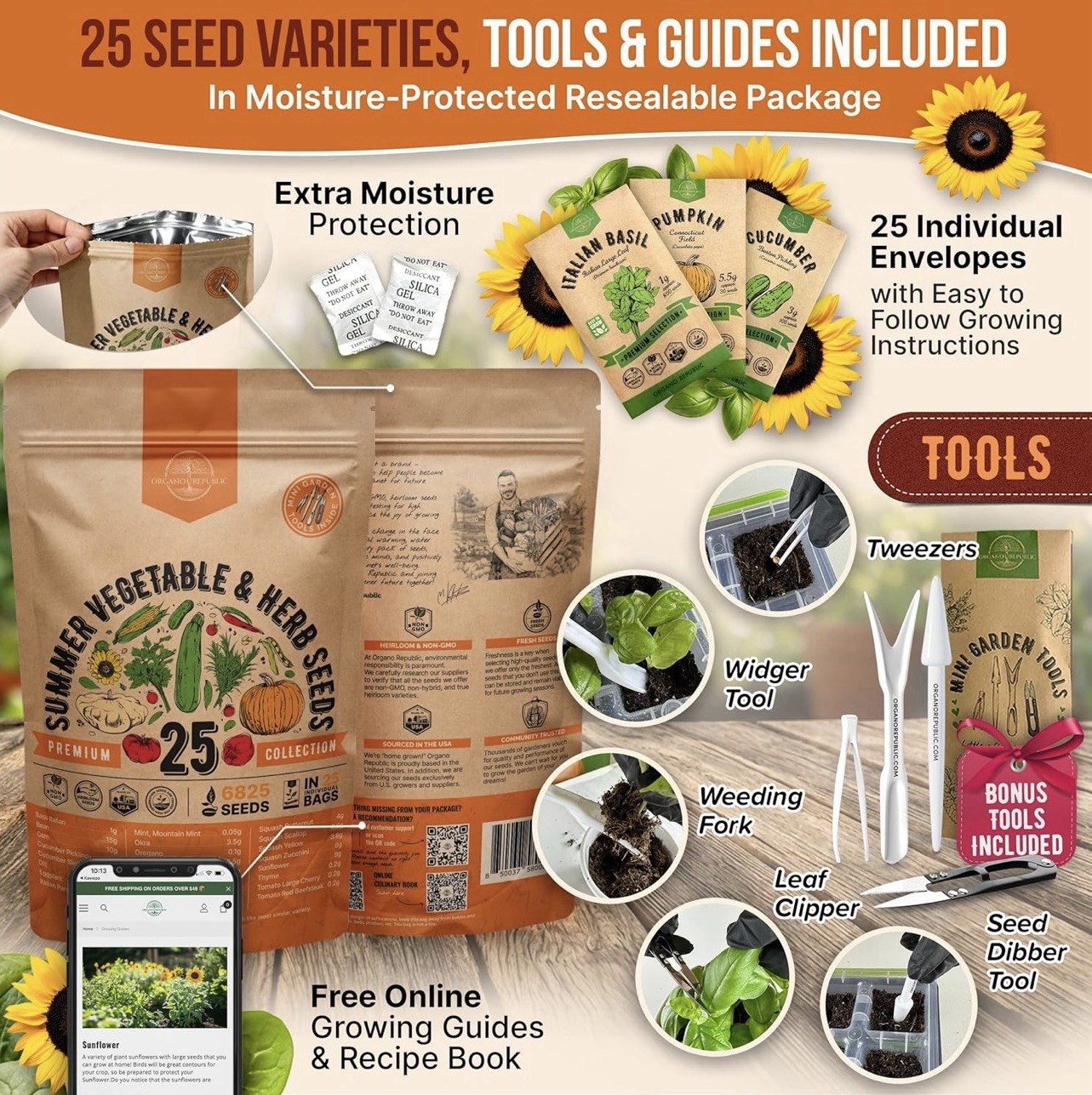 ORGANO REPUBLIC SUMMER VEGETABLE & HERB SEEDS-PREMIUM 25 COLLECTION-MINI TOOLS