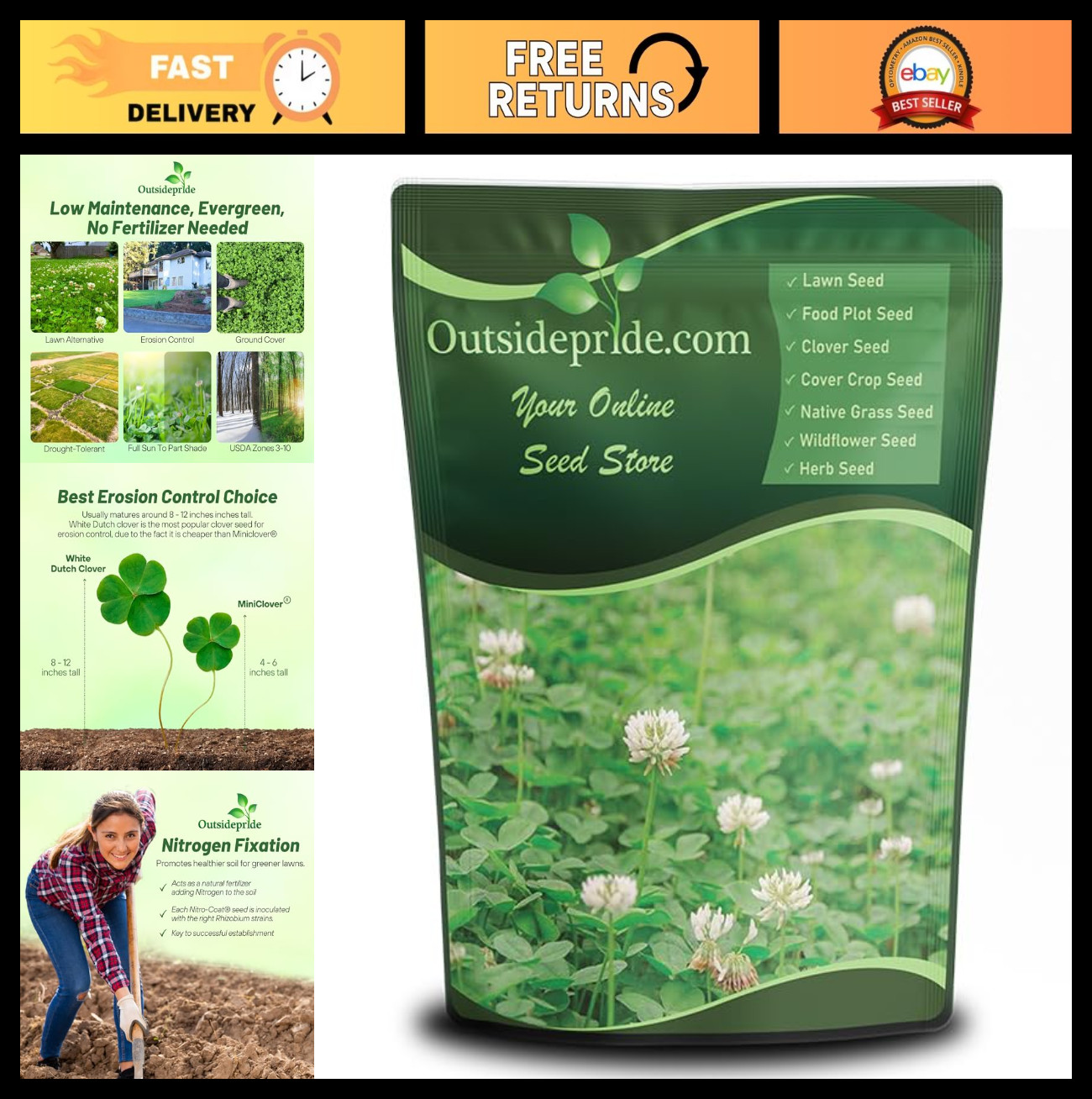 Perennial White Dutch Clover Seeds – 2 lbs, Nitrocoated, Inoculated, Lawn Altern