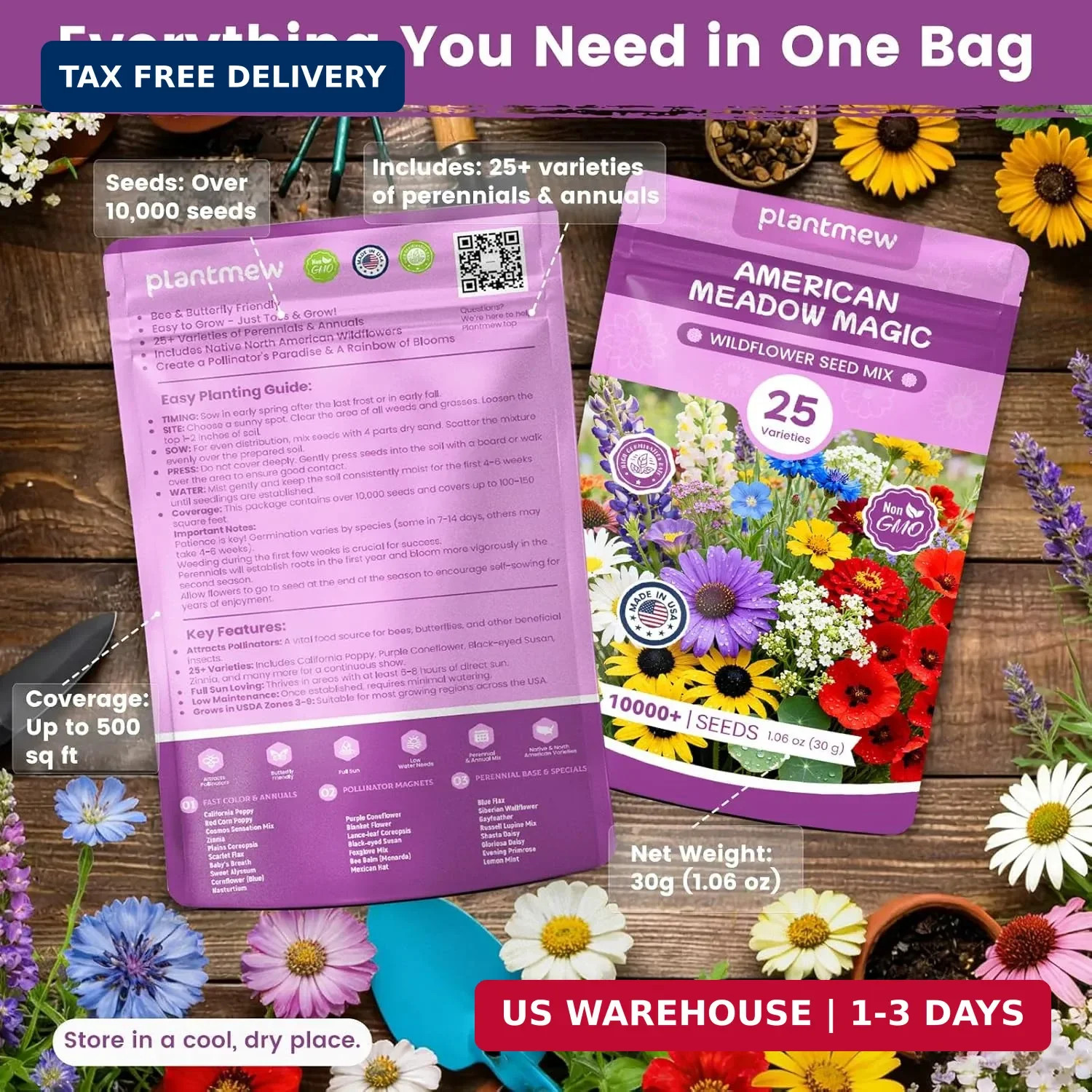 Wildflower Seeds Bulk Mix – 10,000+ Non-GMO Perennial & Annual Seeds – Texas, Ca