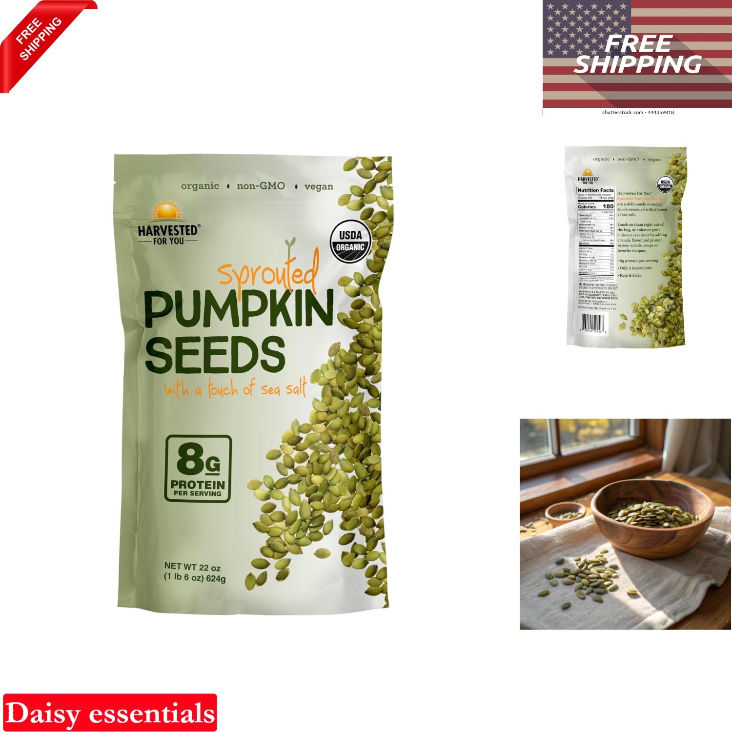 Sea Salt Sprouted Pumpkin Seeds 22oz Organic Gluten Free Non GMO Paleo Keto