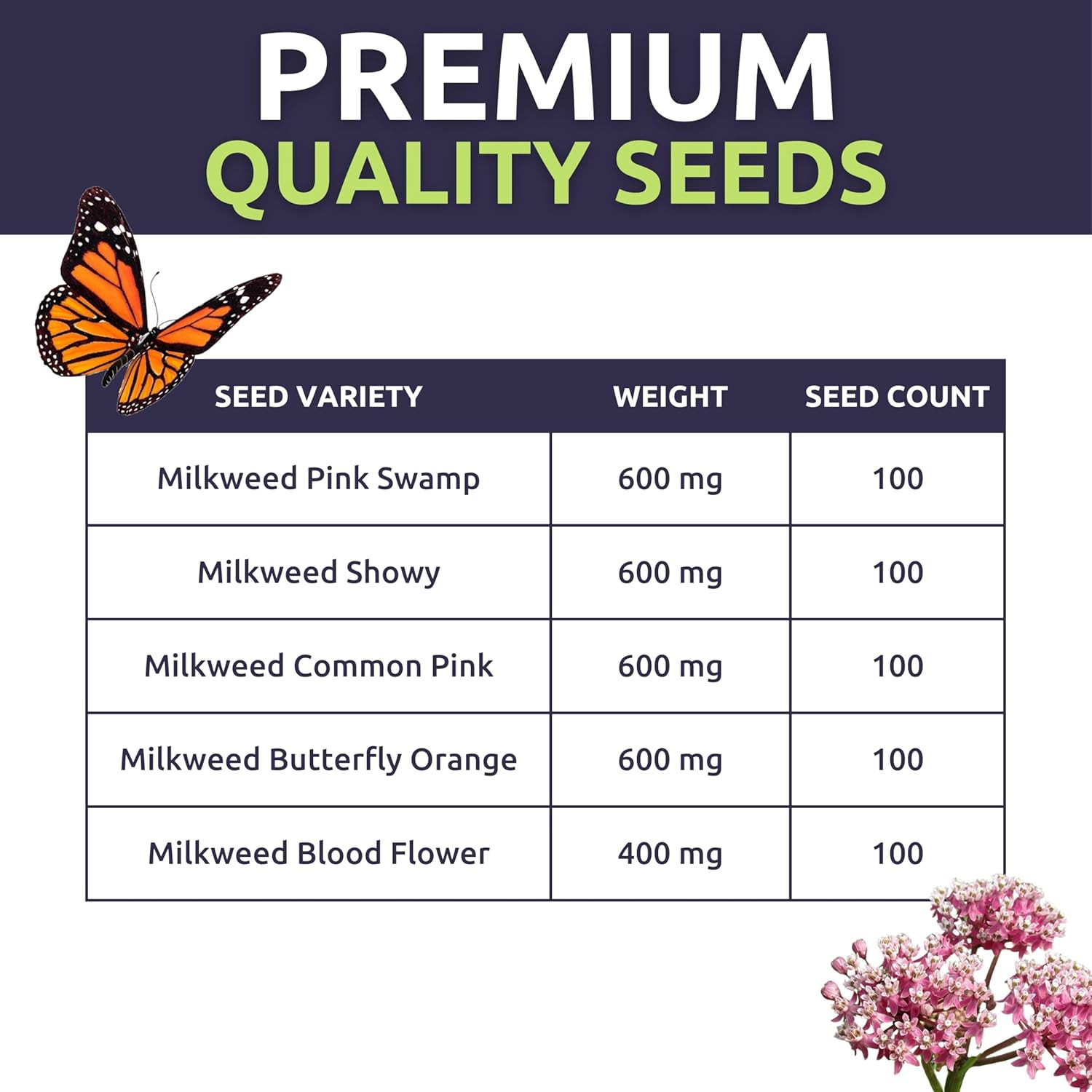 Milkweed Seed Variety Pack | 5 Individual Packs – 2025 Season – Showy, Pink Swam