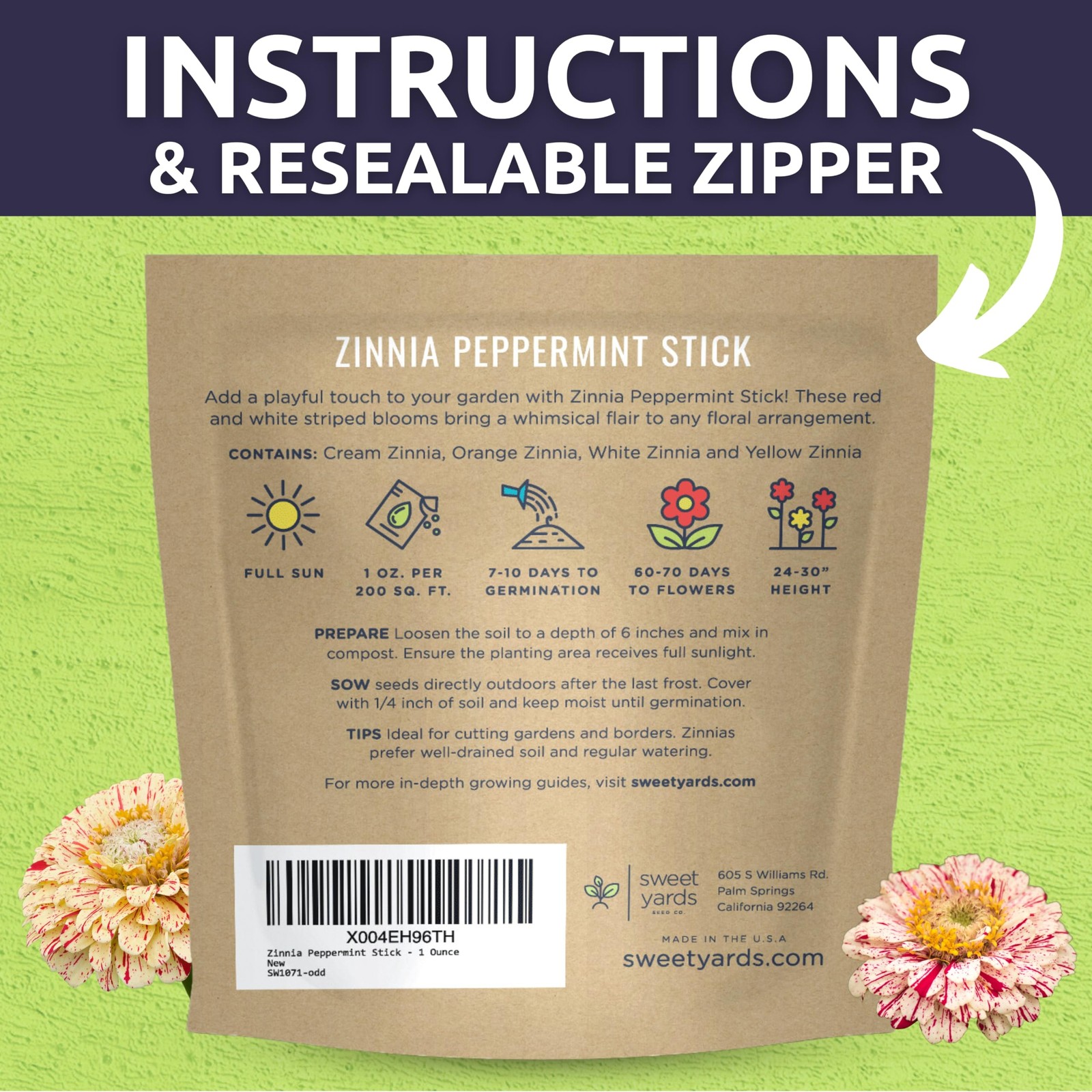 Zinnia Peppermint Stick Large 1 Ounce Packet 4,000 Flower Seeds For Plant