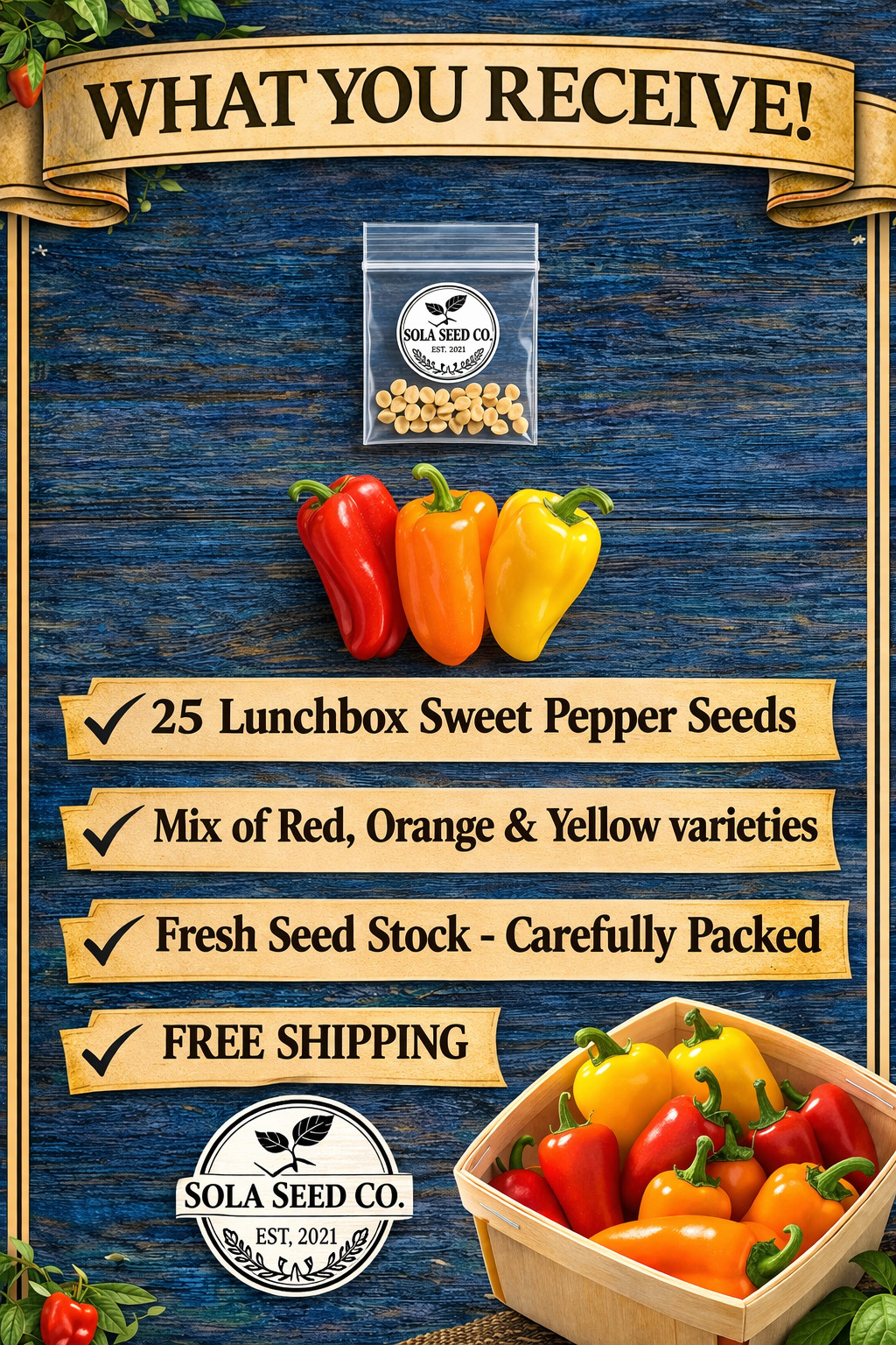 25 Organic Lunchbox Sweet Pepper Seeds Mix Red Orange Yellow 25+ Seeds Heirloom
