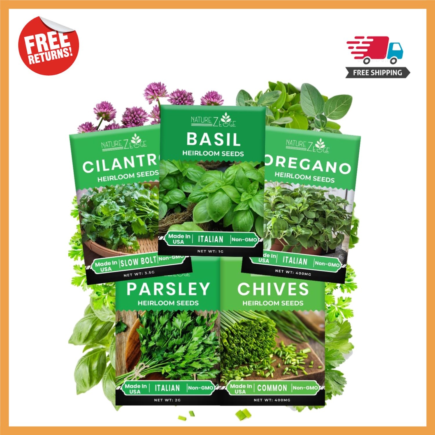 5-Piece Herb Seeds Collection – Oregano, Cilantro, Basil & Heirloom Variety!
