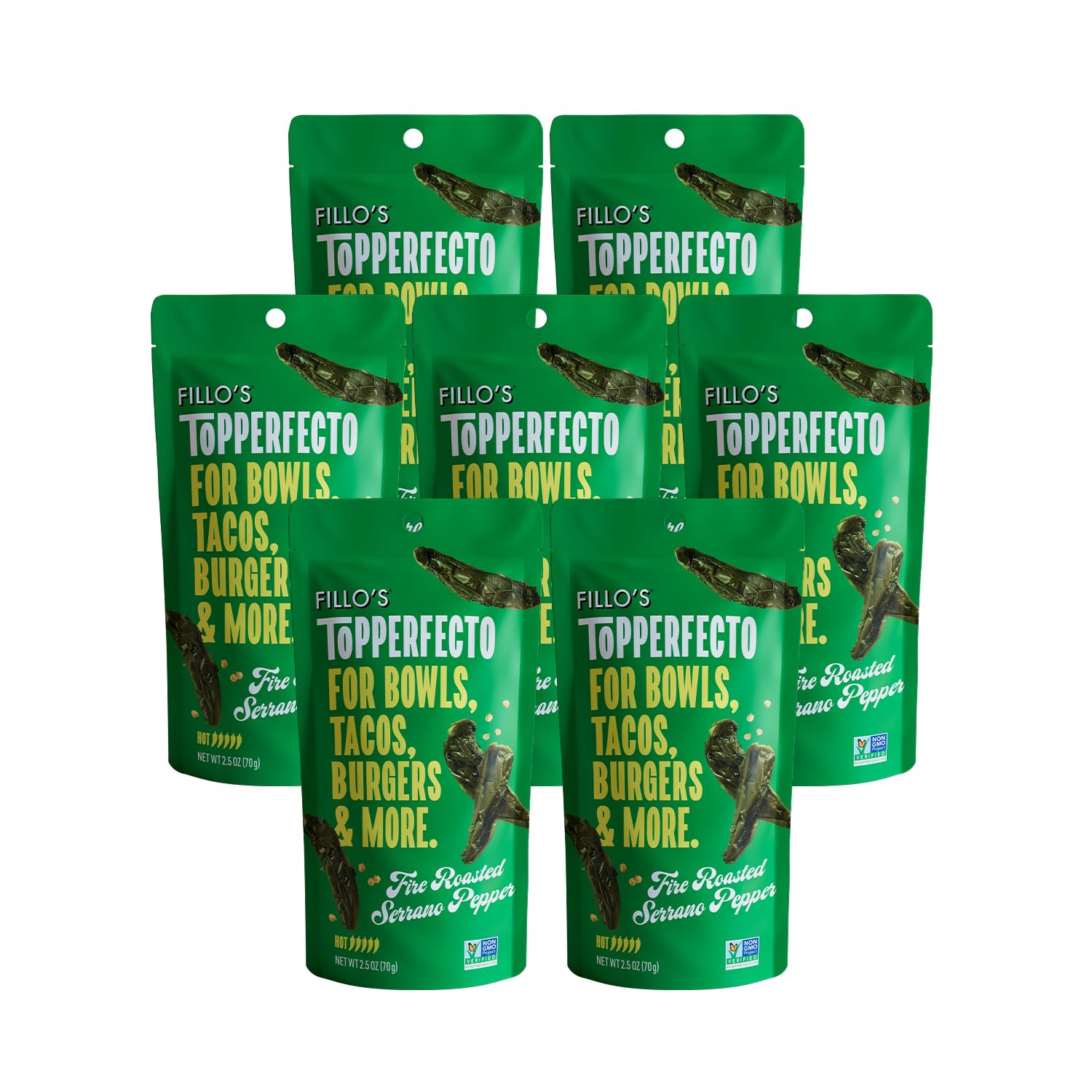 Fillo’s Extra Hot Serrano Pepper Topper, Pack of 7, Ready to Eat