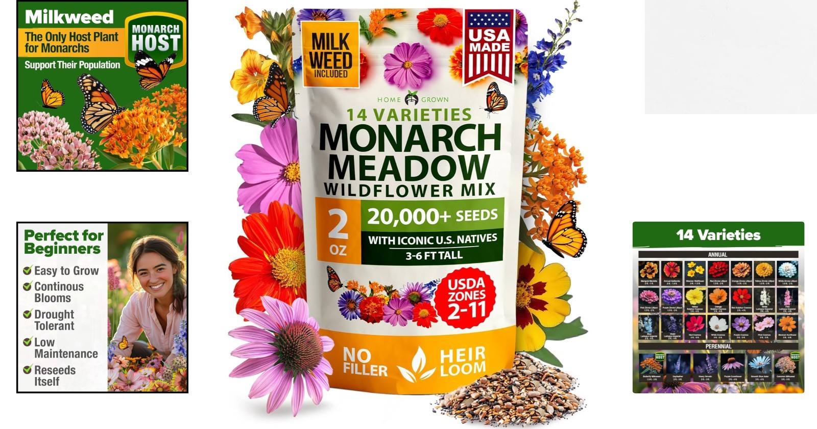 High Germination Monarch Butterfly Seeds Mix – 2oz Non-GMO Wildflowers for Bees