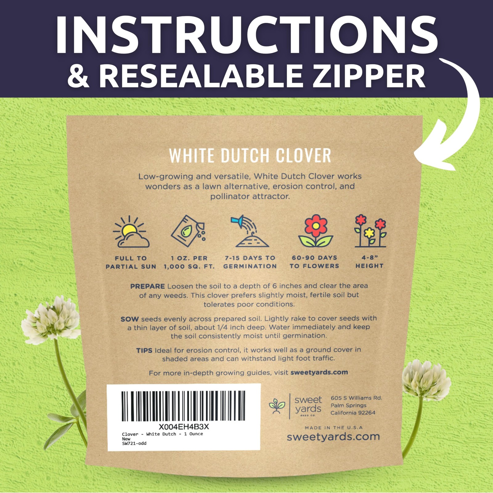White Dutch Clover – Large 1 Ounce Packet – 1 Pouch (40,000 Seeds)