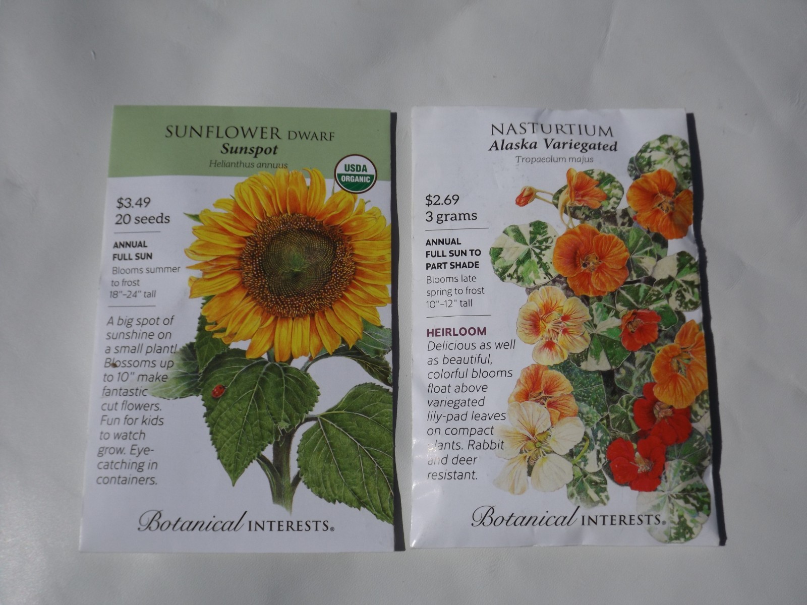 Lot #1 20 packs Botanical Interests seeds, sunflower, jump-up, nasturtium