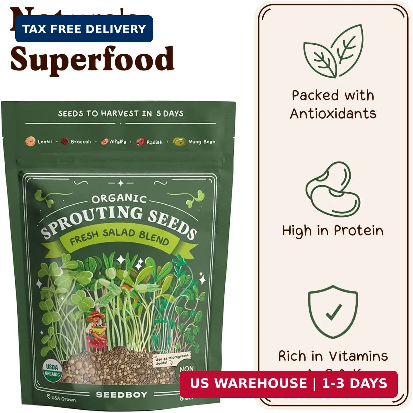 Seedboy Organic Non-GMO Sprouting Seeds, Fresh Salad Blend – USA Grown Microgree