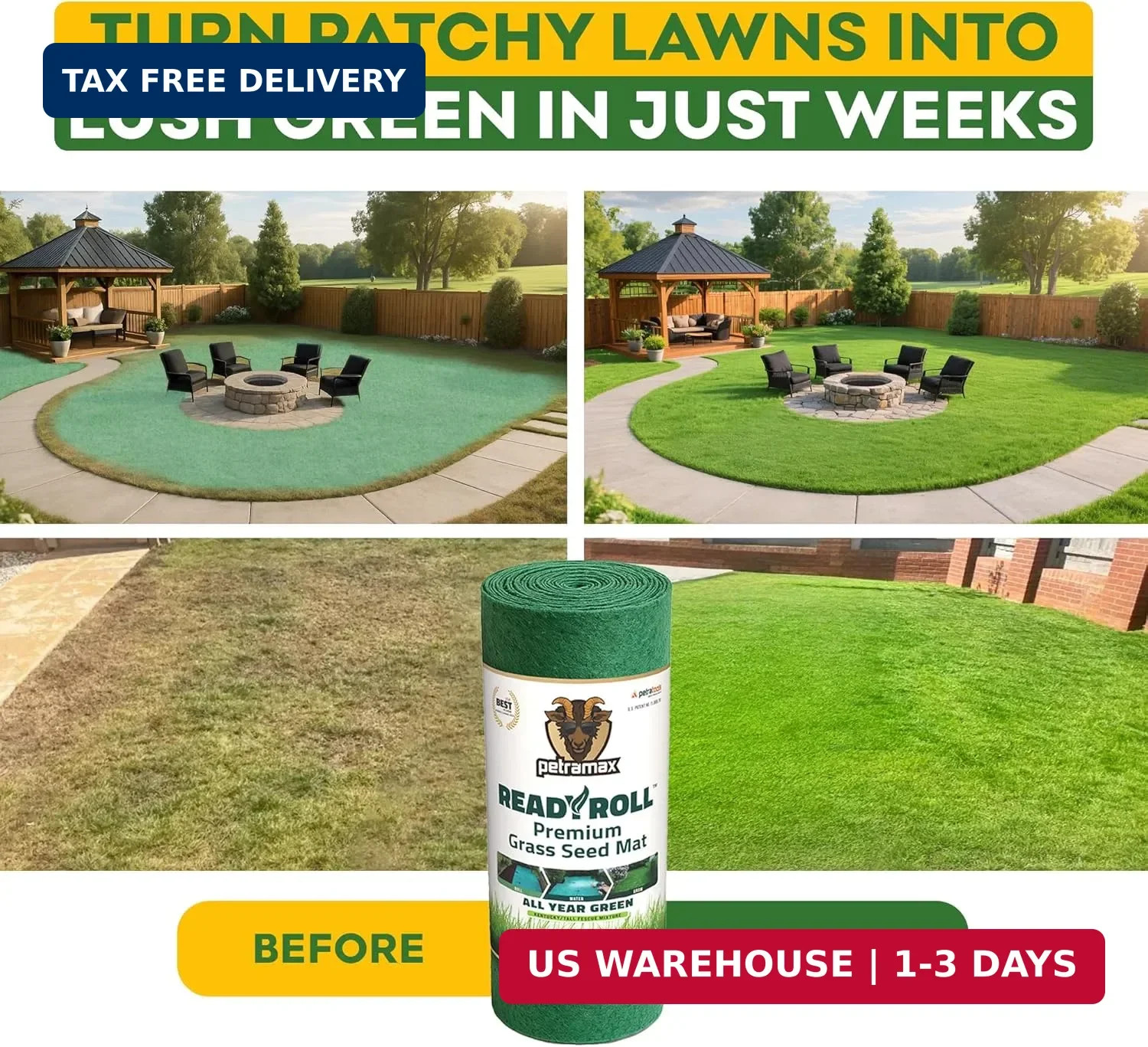 Petramax ReadyRoll Biodegradable Grass Seed Mat for Lawn (54 ft.) – All Year Gre