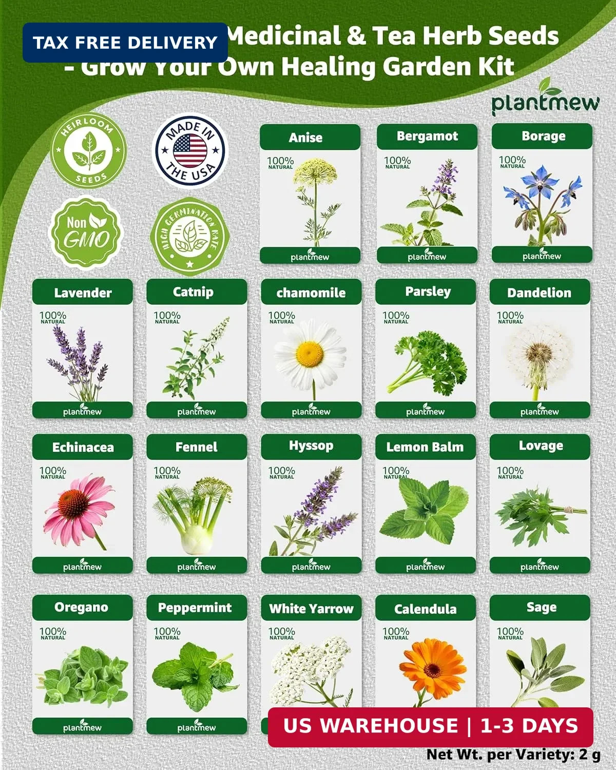 Medicinal & Tea Herb Seeds for Planting – 35 Non-GMO Variety Pack for Indoor/Out