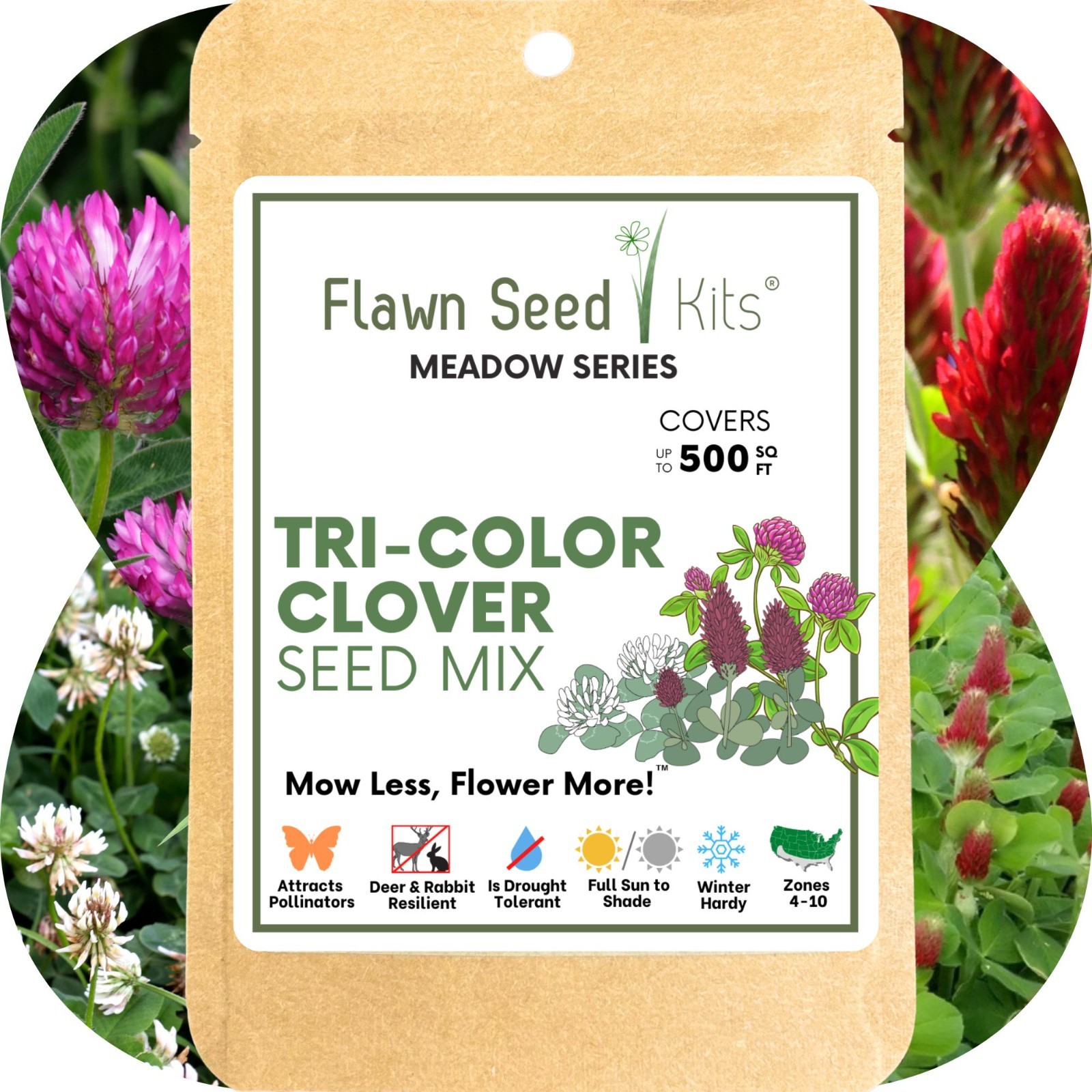 Flawn Seed Kits Tri-Color Clover Seed, Equal Mix 3 Clovers, Flowering Lawn