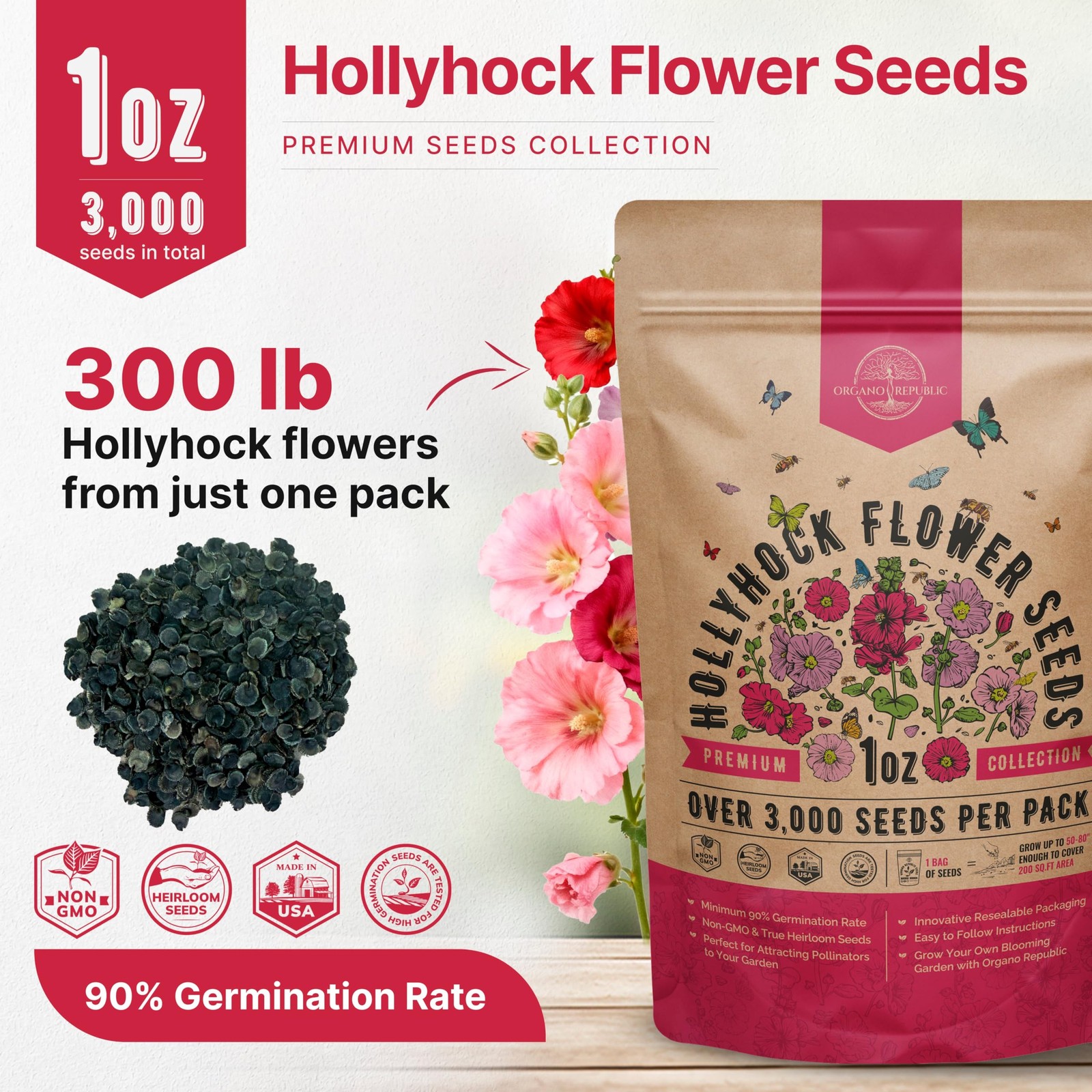 Hollyhock Flower Seeds Pack 1 oz – Over 3,000 1oz, Pink, Orange, Red, Green