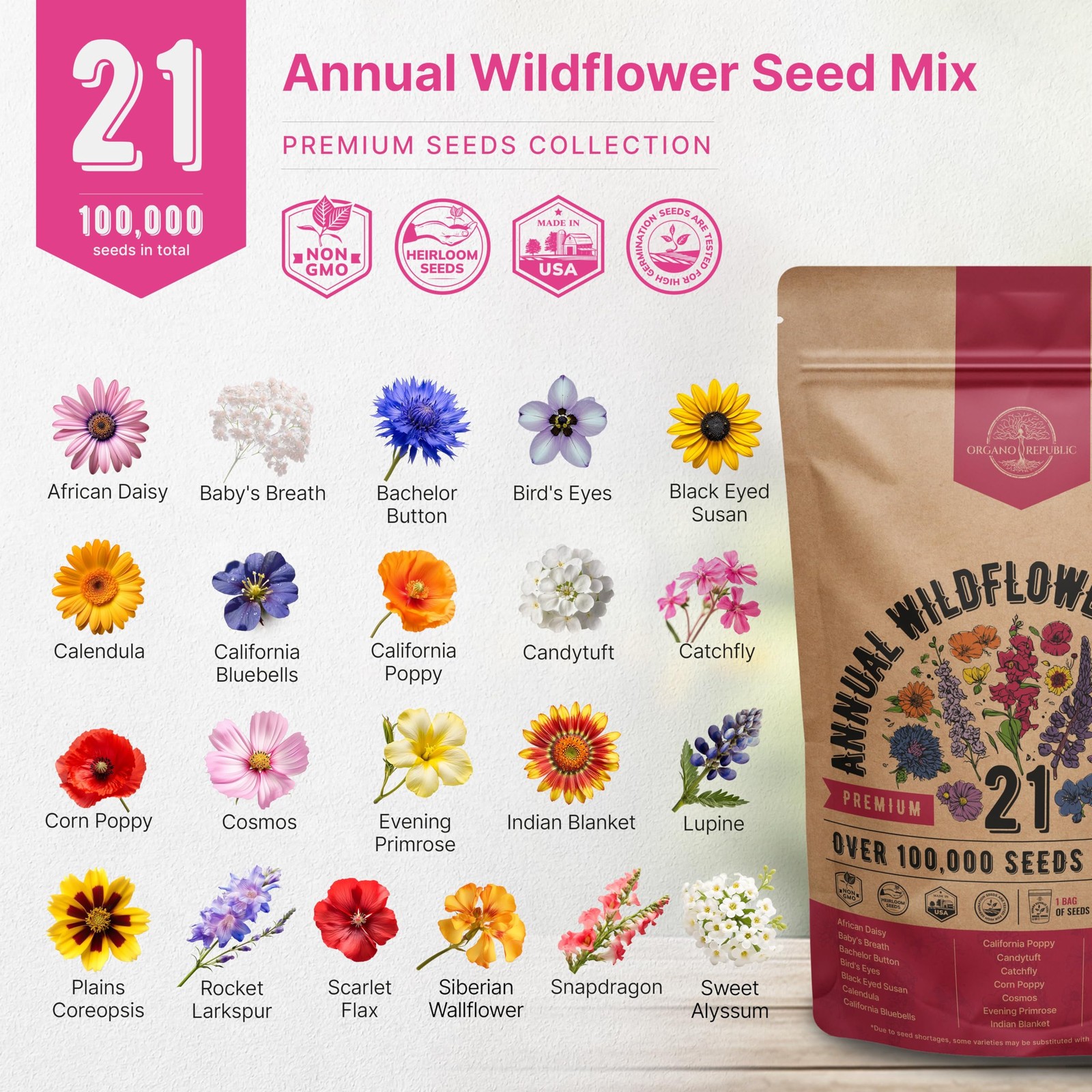 Wildflower Seed Mix for Indoor & Outdoor Gardening, 100,000+ NonGMO Seeds